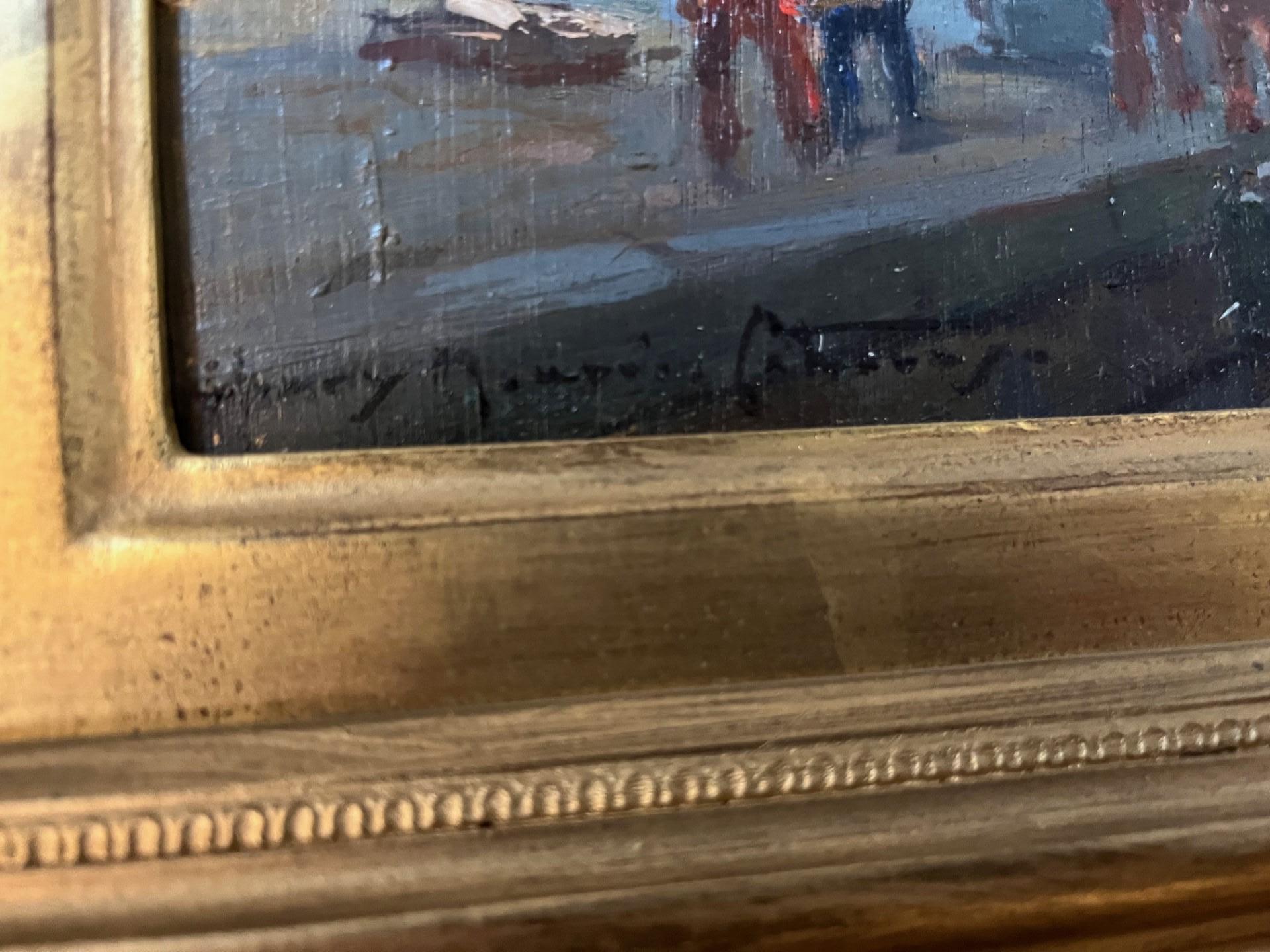 Quadro ad olio di scuola bretone francese post impressionista raffigurante il porto di Douarnenez - Landscape Painting Grigio di Henry Maurice CAHOURS