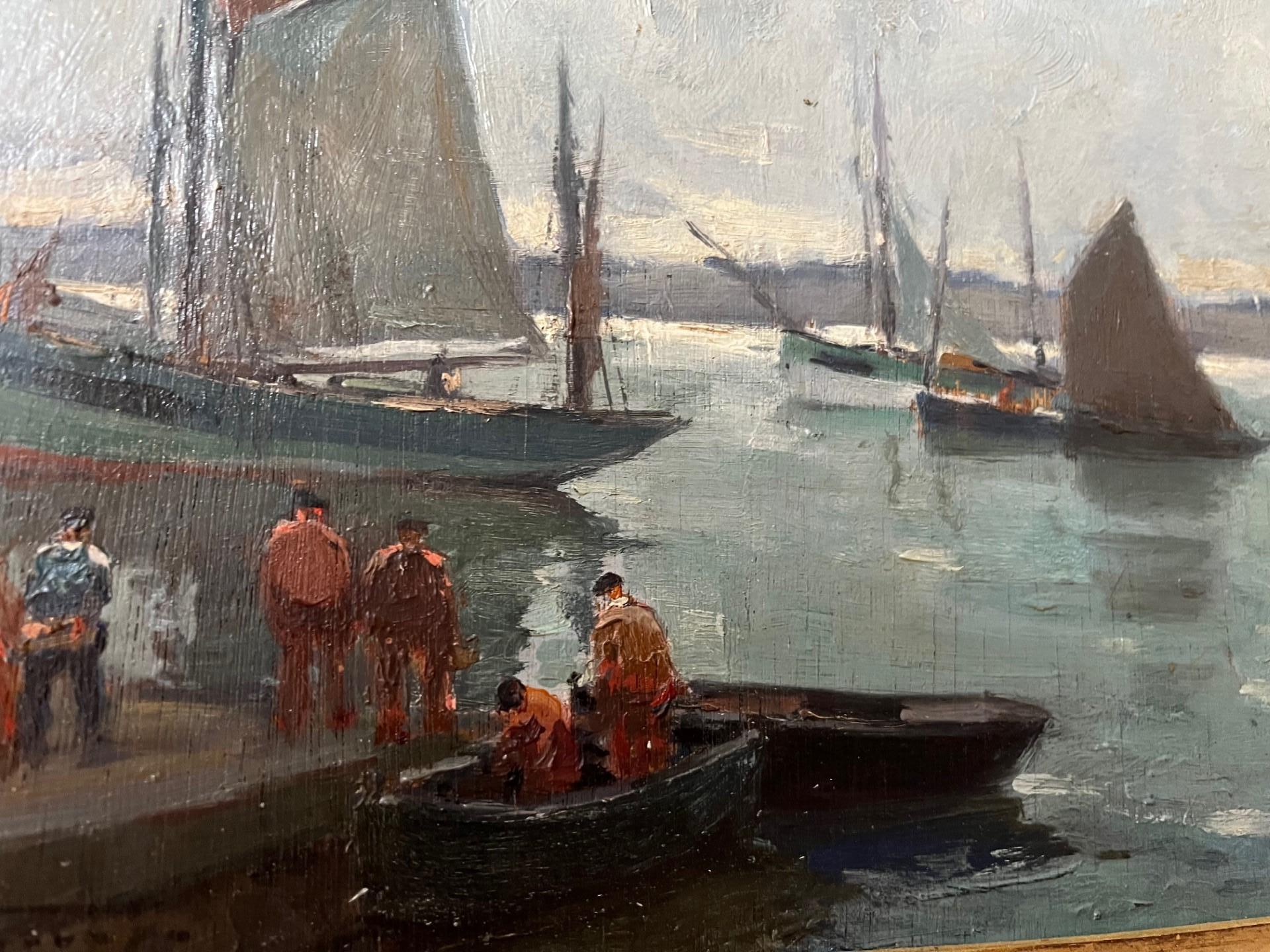 Quadro a olio post impressionista francese con pescatori e barche bretoni nel porto di Douarnenez.
Uno studio perfetto sul post impressionismo sia per il soggetto che per la tecnica.  Cahours cattura sia l'atmosfera che il realismo della vita