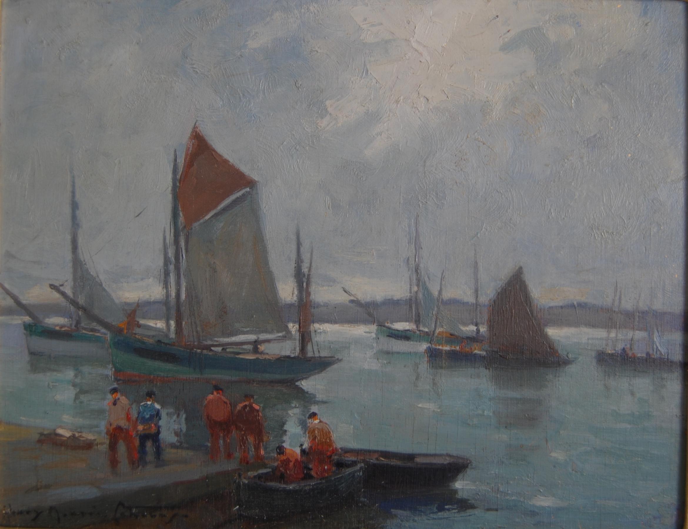 Pintura al óleo francesa post-impresionista de la escuela bretona sobre el puerto de Douarnenez
