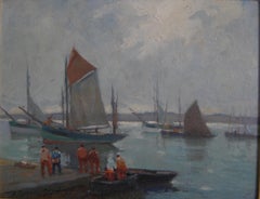 Französisch Post Impressionist Breton Schule Ölgemälde des Hafens, Douarnenez