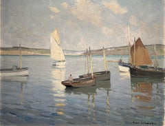 "Veleros en Bretaña, Francia "Azul claro, gris Óleo cm. 65 x 54 1930