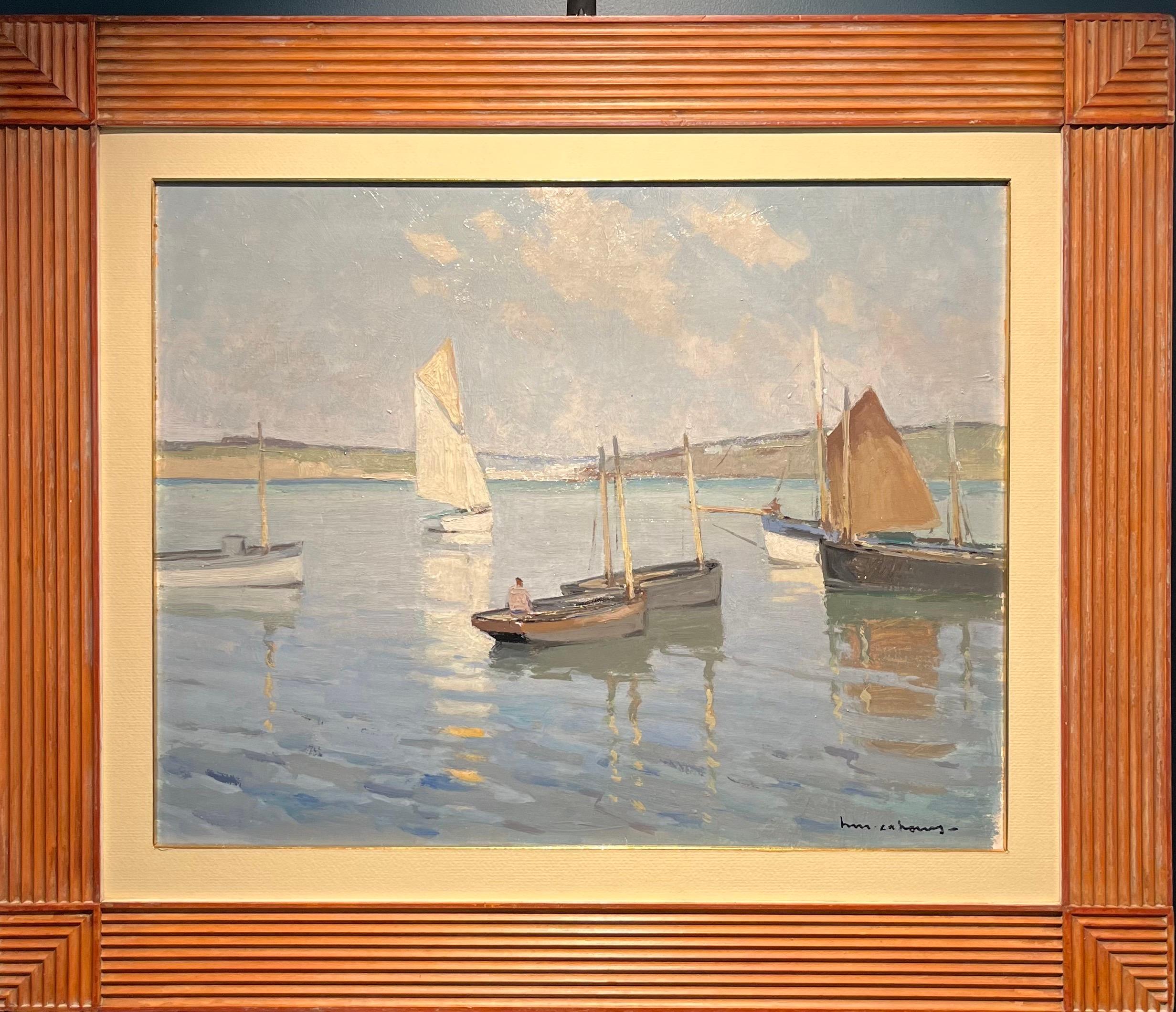 Henry Maurice CAHOURS Landscape Painting - "Sailboats in Brittany, France"Light Blue, Gray Oil cm. 65 x 54 1930