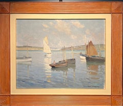 "Sailboats in Brittany, France"Light Blue, Gray Oil cm. 65 x 54 1930