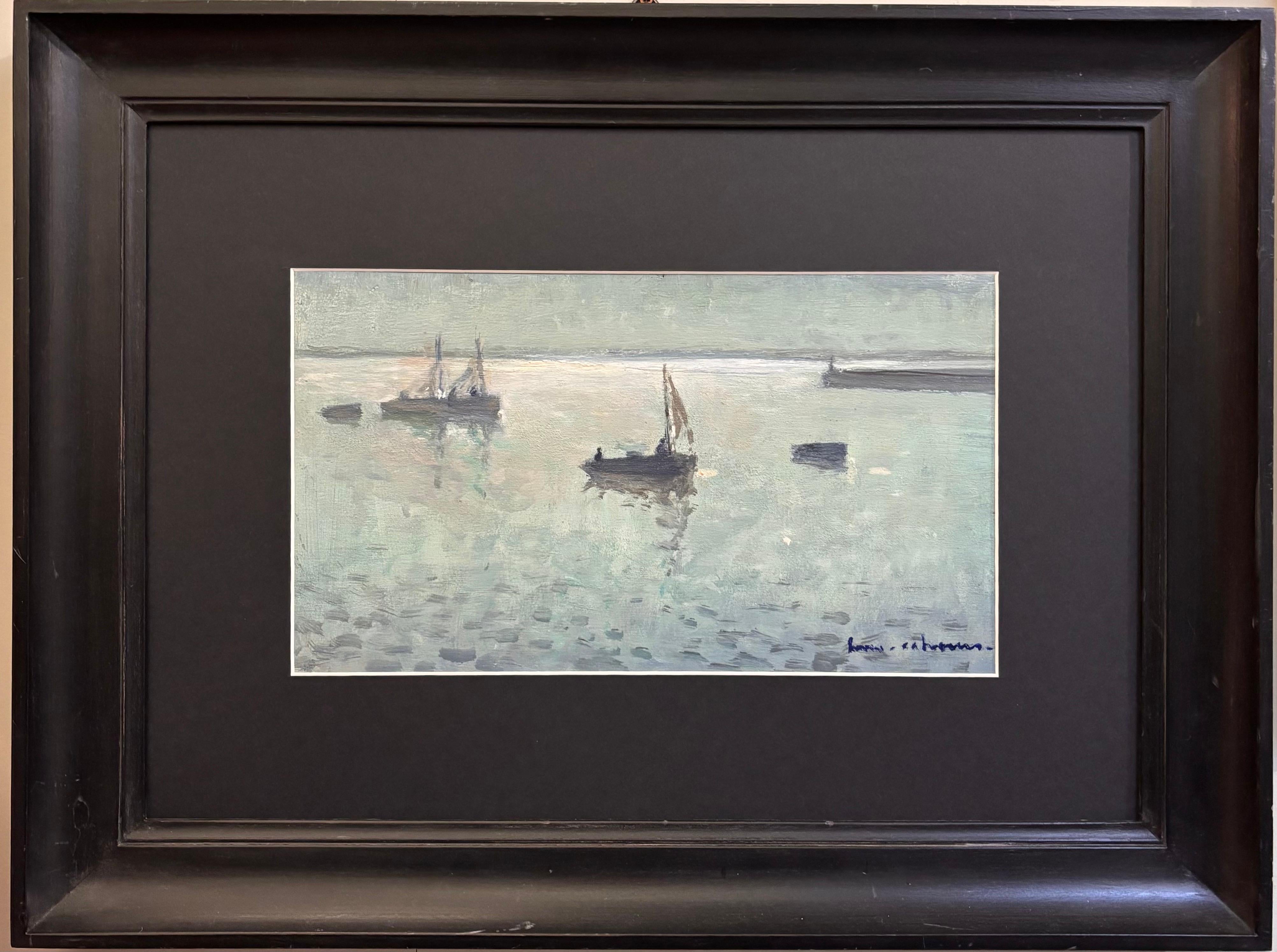 "Solitudine" paesaggio con barche a vela francia del nord.   cm. 37 x 21