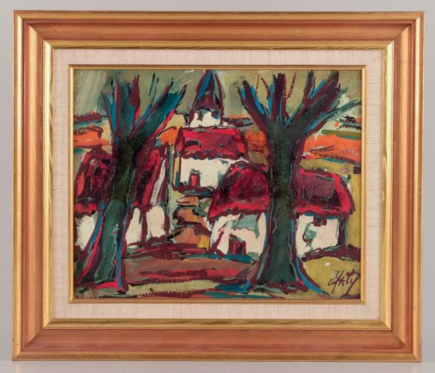 Henry Maurice D'Anty (1910-1998), Swedish/French artist.
Oil on board. 
Church in a landscape with foreground trees. 
Post-Impressionist style.  Colorful palette.
Circa 1960.
Signed.
In perfect condition.
Canvas dimensions: 33.5 cm x 26.5 cm.
Total