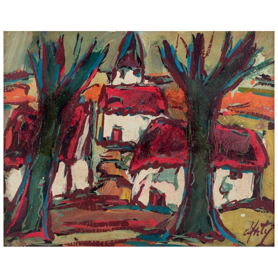 Henry Maurice D'Anty Huile sur planche. Scène de village avec une église Ca 1960
