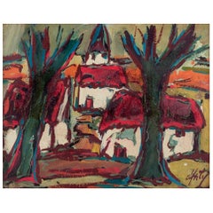 Henry Maurice D'Anty Huile sur planche. Scène de village avec une église Ca 1960