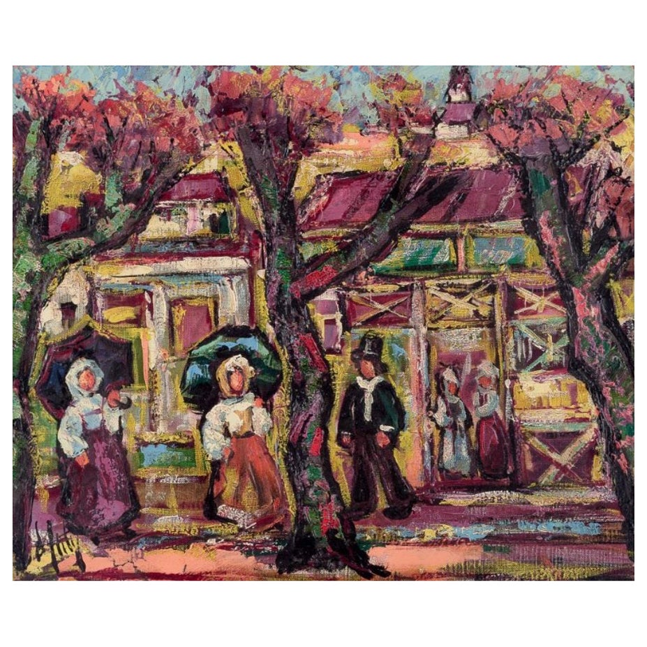 Henry Maurice D'Anty. Oil on canvas. Cityscape with figures