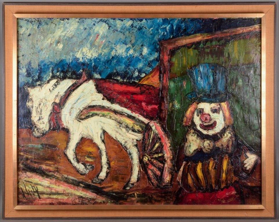 Henry Maurice D'Anty (1910-1998). Swedish/French artist.
Oil on canvas.
Depiction of a clown and horse-drawn carriage.
Bold brushstrokes. Coloristic palette. Fauvist style.
1959-1960.
Signed.
In excellent condition.
Dimensions: 114 cm x 88 cm.
Total