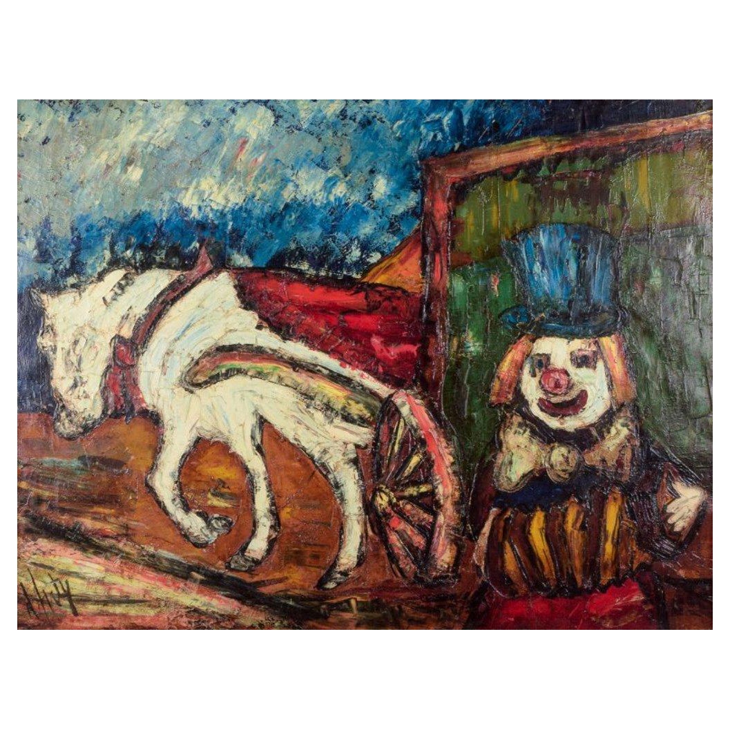 Henry Maurice D'Anty. Ölgemälde auf Leinwand. Clown und Pferdewagen mit Kutschen.