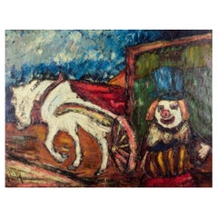 Henry Maurice D'Anty. Ölgemälde auf Leinwand. Clown und Pferdewagen mit Kutschen.