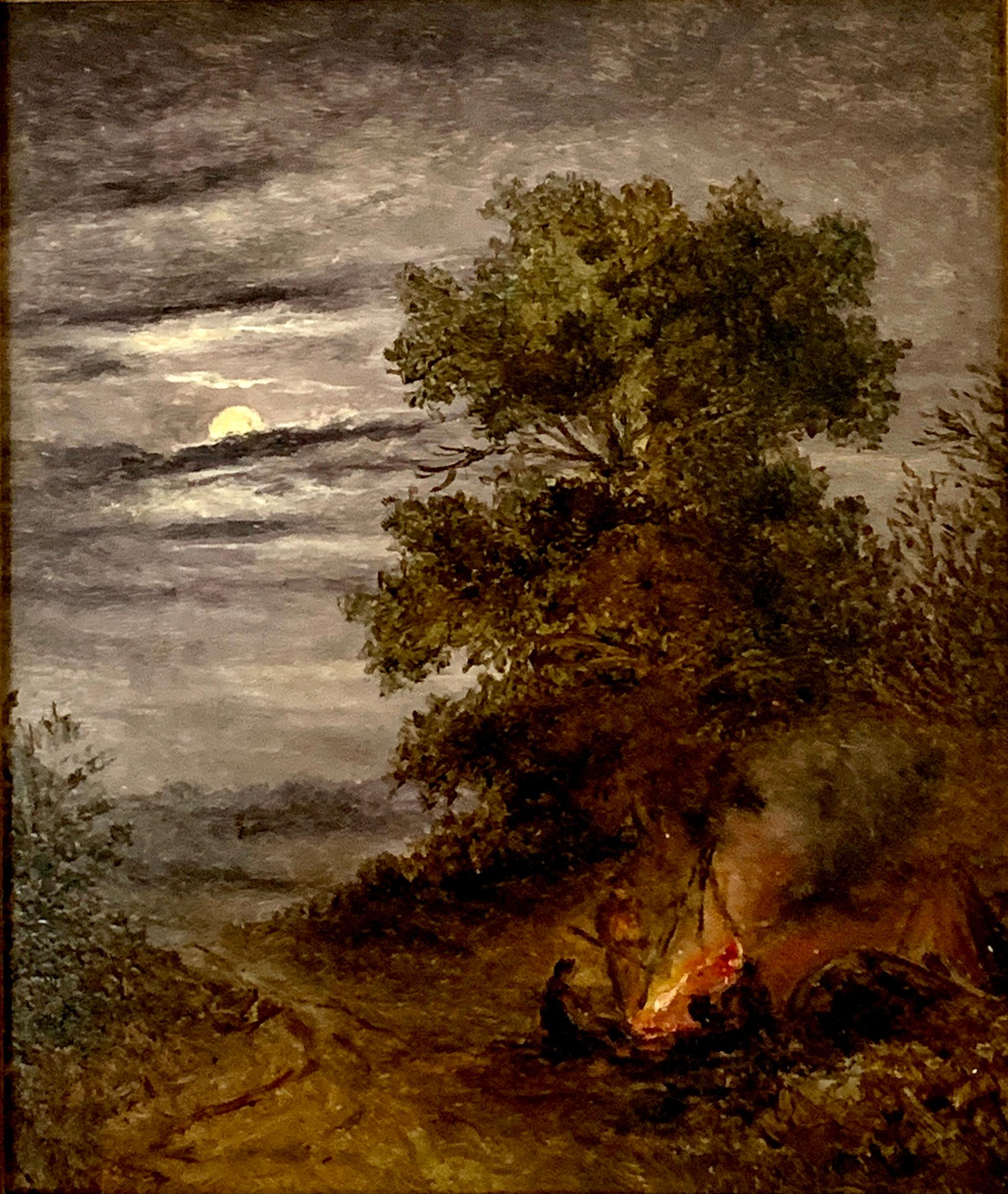 19th century English Moonlight Evening landscape with people by bonfire - Painting by Henry Maurice Page