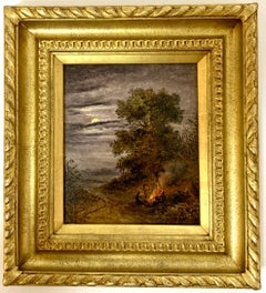19th century English Moonlight Evening landscape with people by bonfire