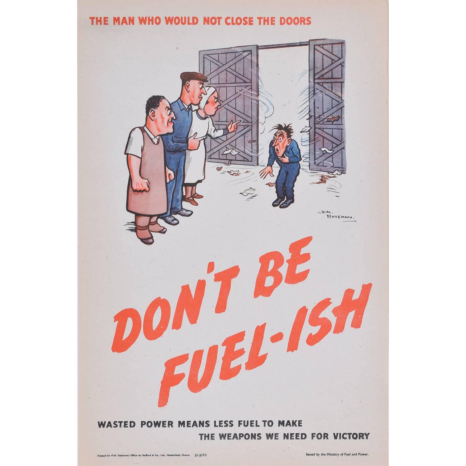 Henry Mayo Bateman Print - Don't be Fuel-ish original vintage poster by HM Bateman WW2 Home Front