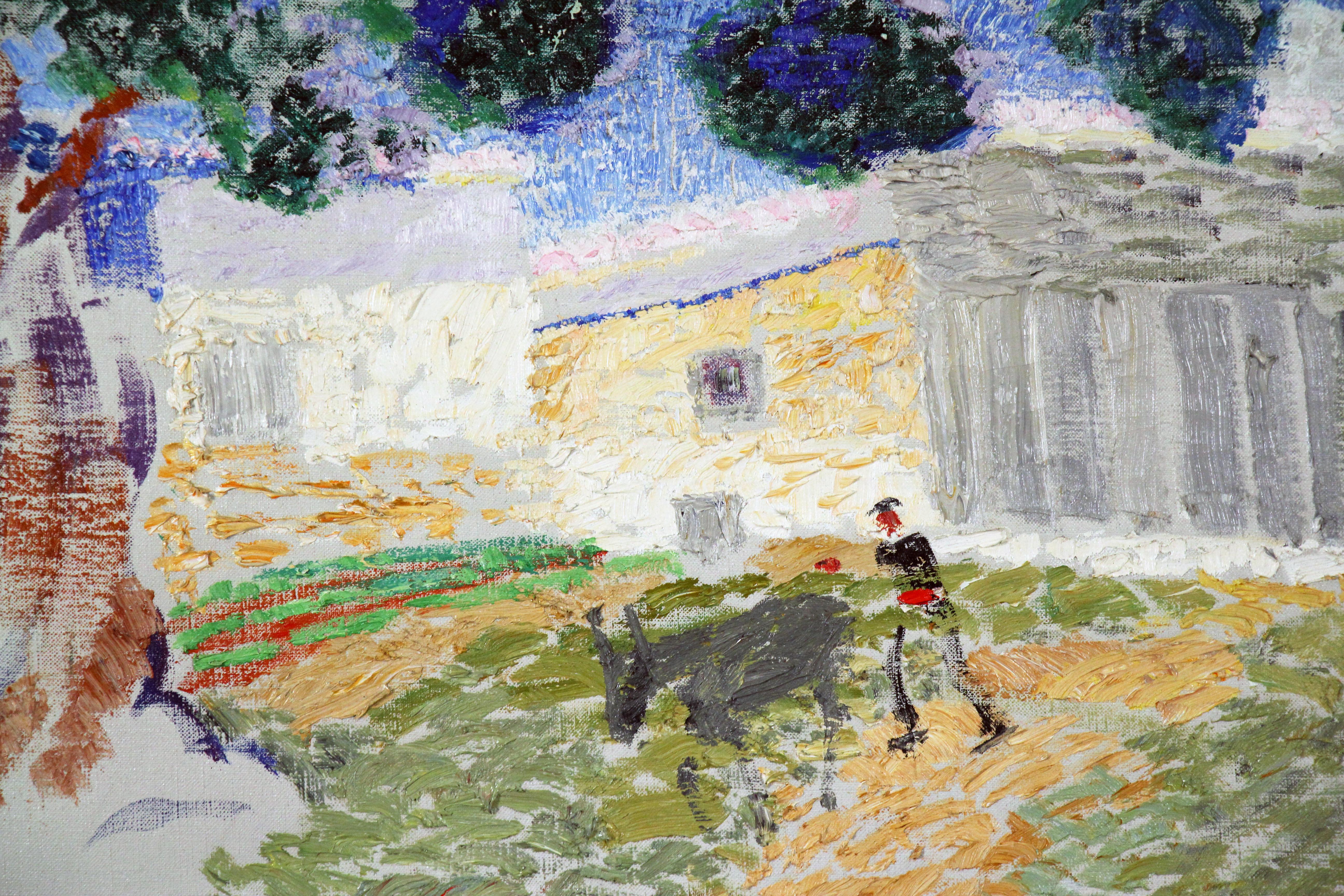 Plowing the Fields, amerikanische impressionistische Landschaft mit Figur und Tier (Amerikanischer Impressionismus), Painting, von Henry McCarter