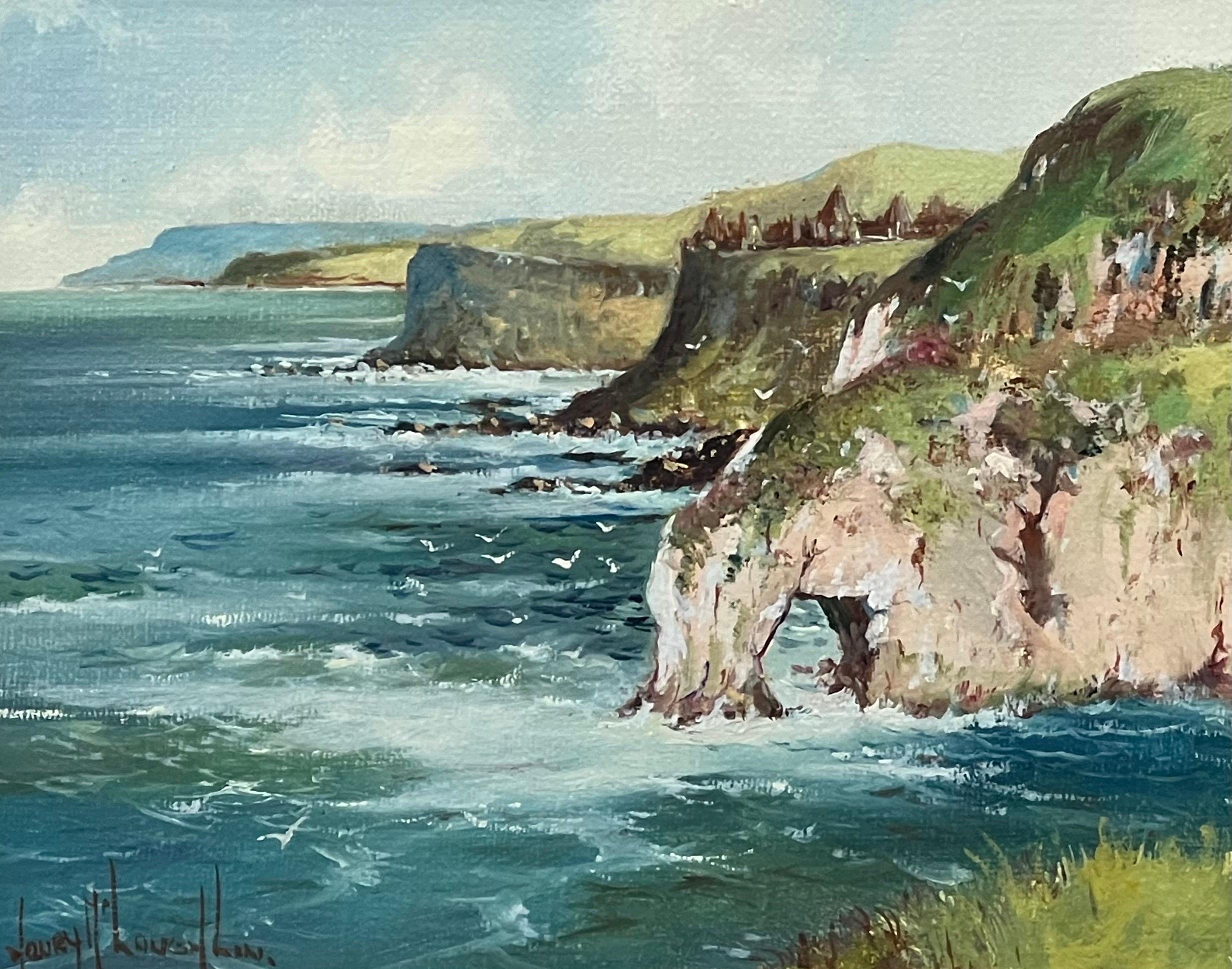 Landschaft Irlandslandschaft Rocky Cliffs mit Schloss an der nördlichen irischen Seeküste (Moderne), Painting, von Henry McLaughlin