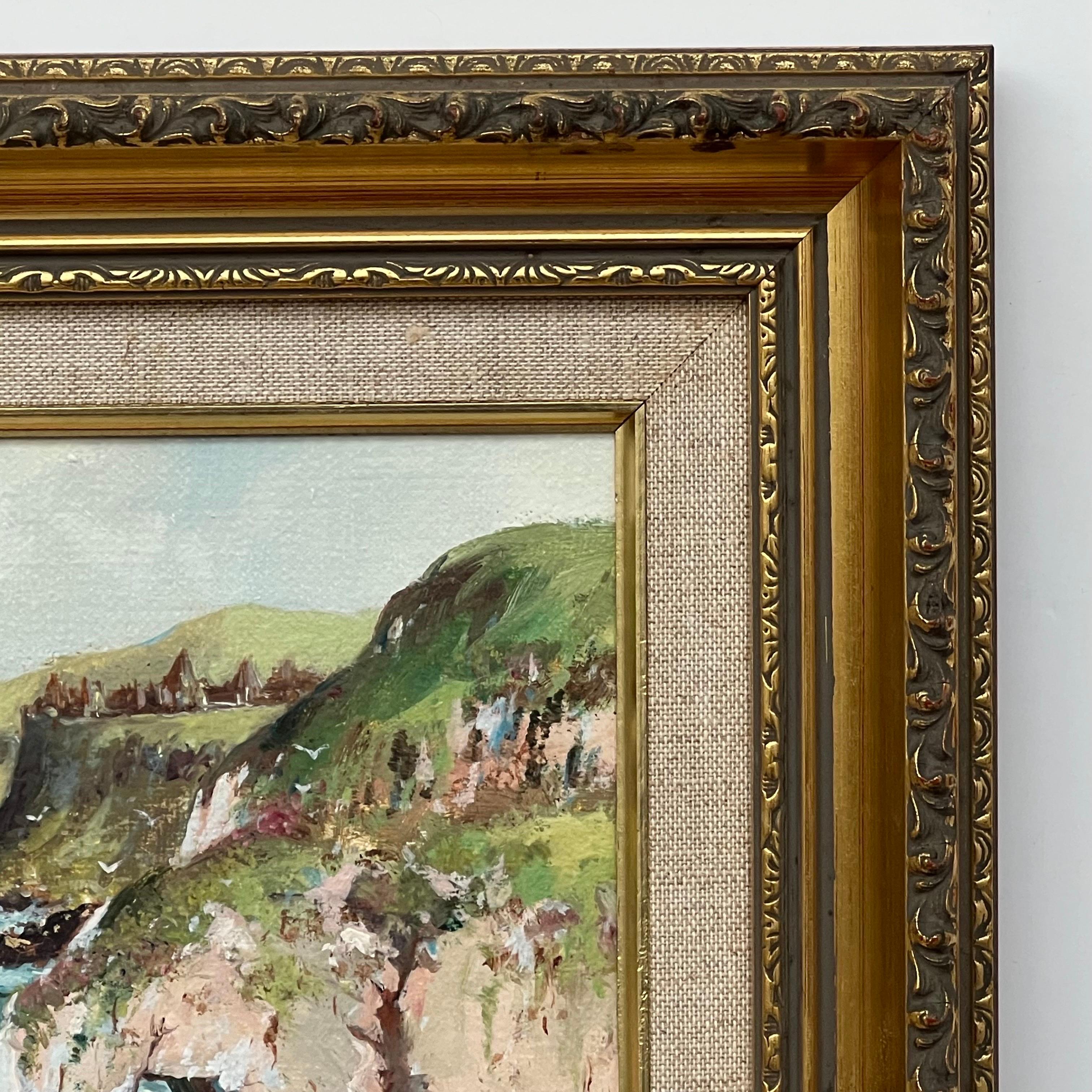 Ireland Landscape Rocky Cliffs with Castle on the Northern Irish Sea Coastline - Modern Painting by Henry McLaughlin