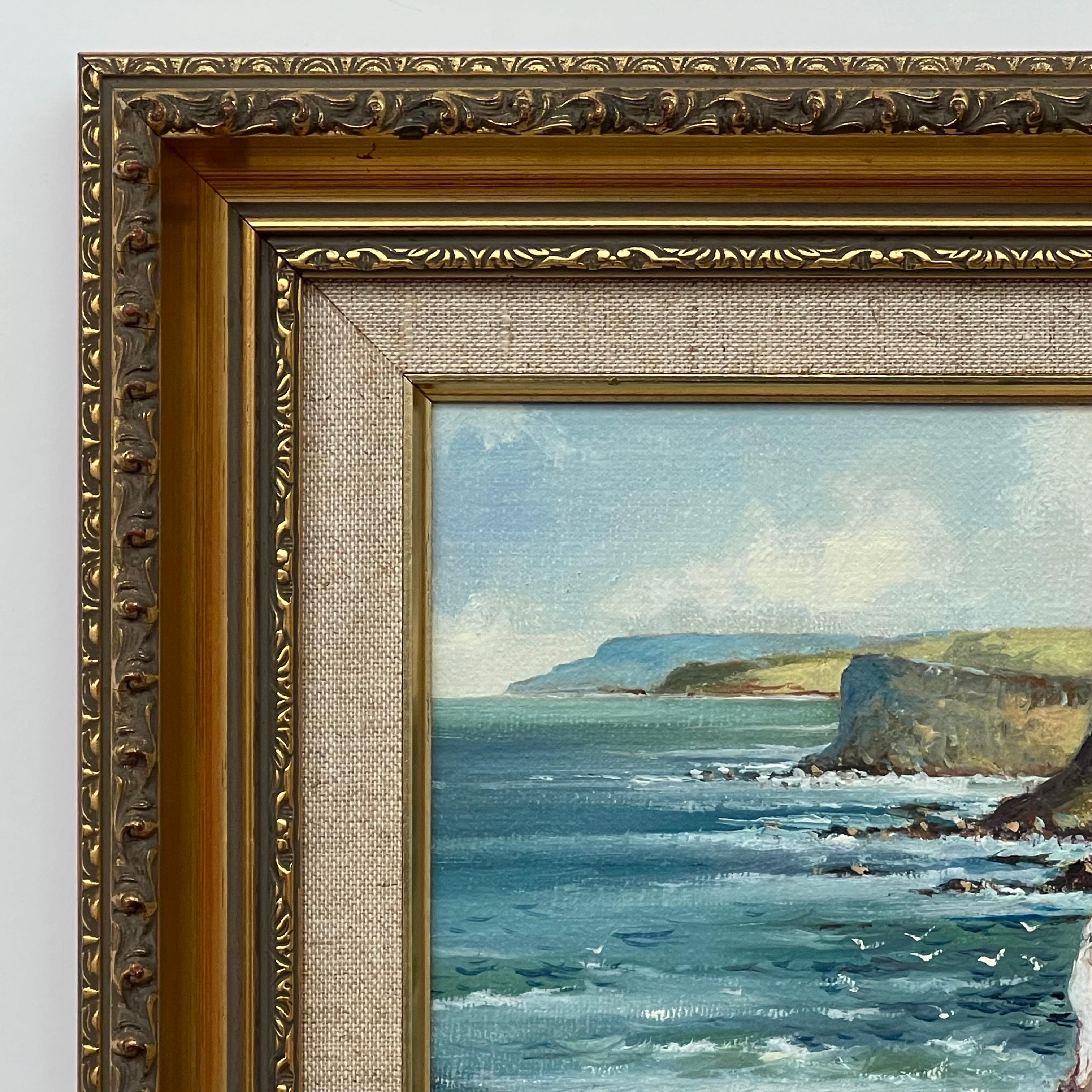 Ireland Landscape Rocky Cliffs with Castle on the Northern Irish Sea Coastline - Brown Abstract Painting by Henry McLaughlin
