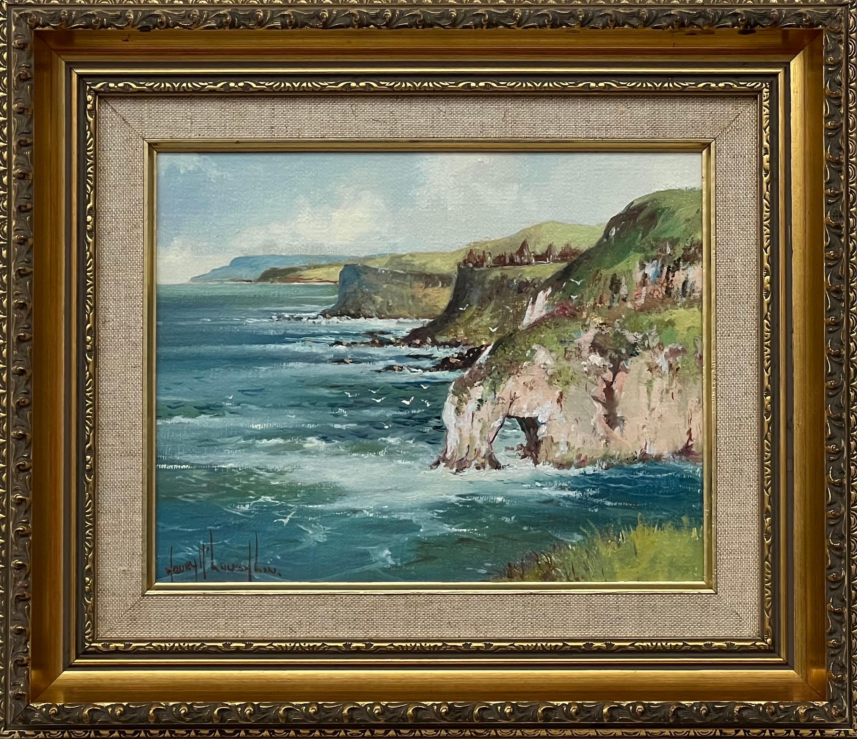 Henry McLaughlin Abstract Painting - Ireland Landscape Rocky Cliffs with Castle on the Northern Irish Sea Coastline