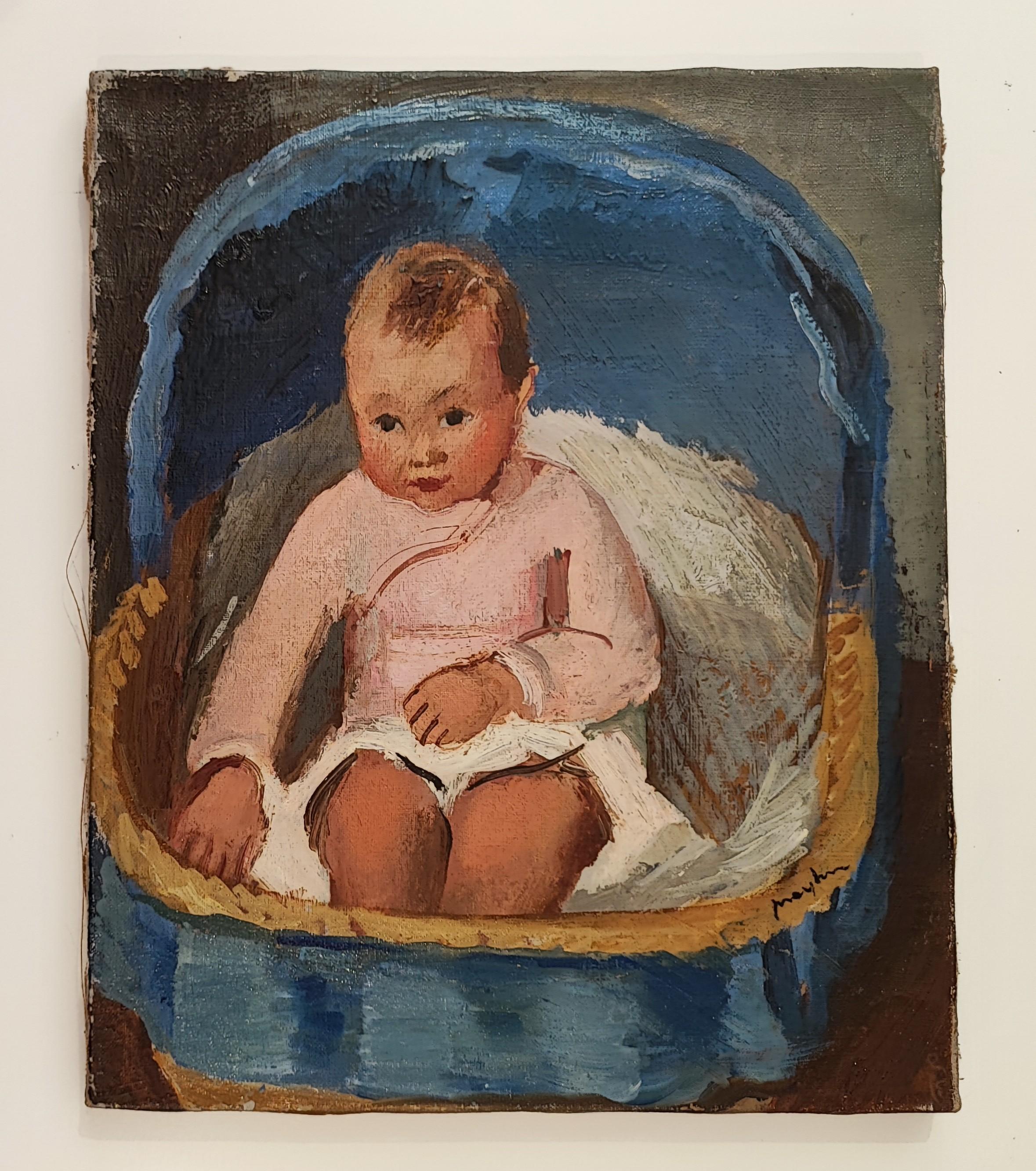 Baby sitting in his bassinet - Painting by Henry Meylan