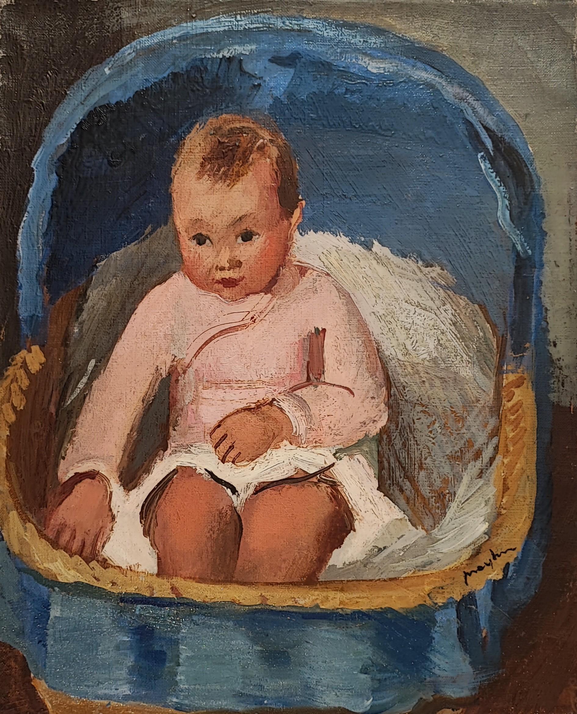 Henry Meylan Figurative Painting - Baby sitting in his bassinet