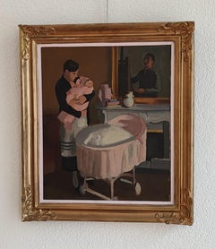 Peintre à son chevalet peignant une femme et un enfant