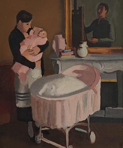 Painter at his easel painting woman and child