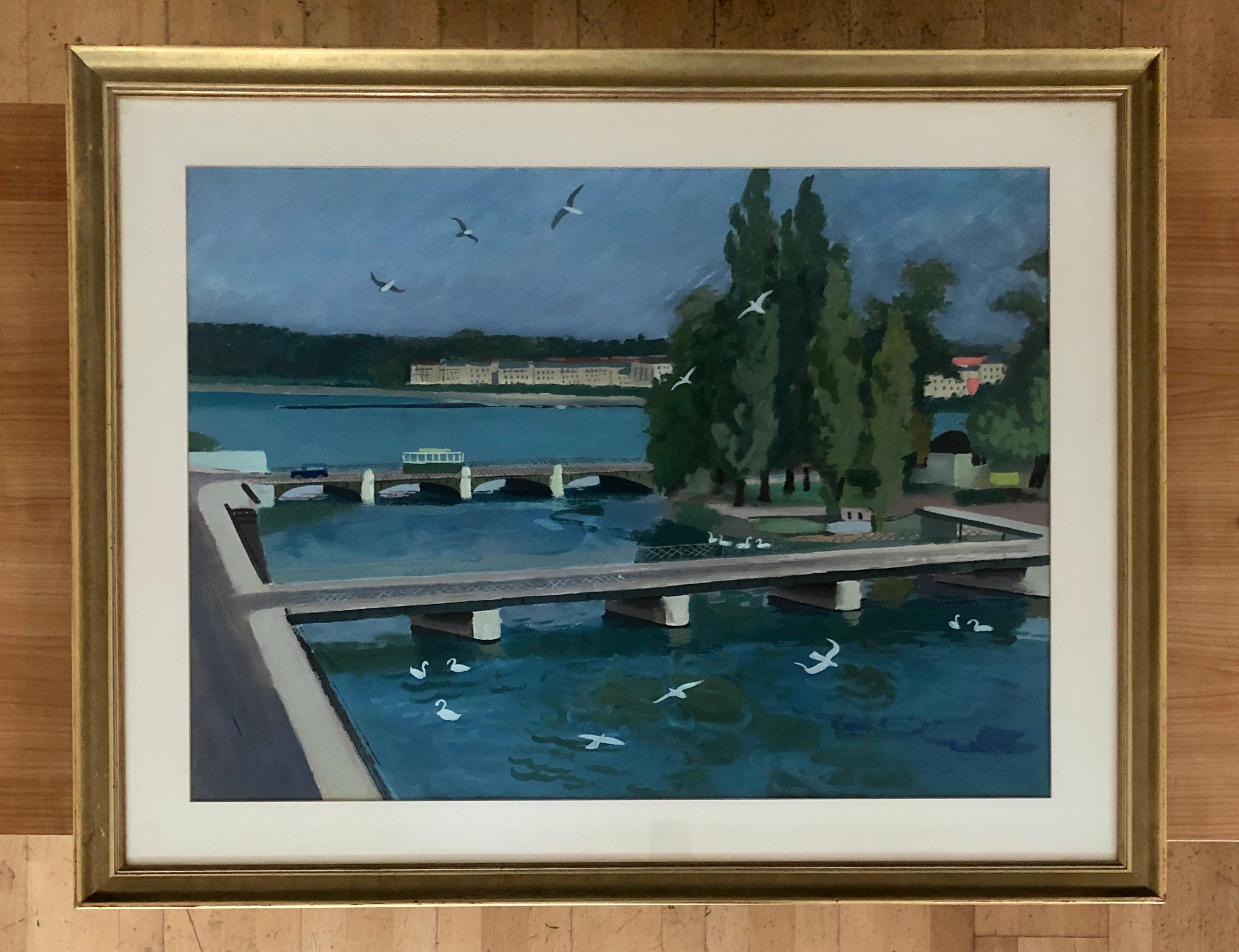 Rousseau Island, Geneva - Painting by Henry Meylan