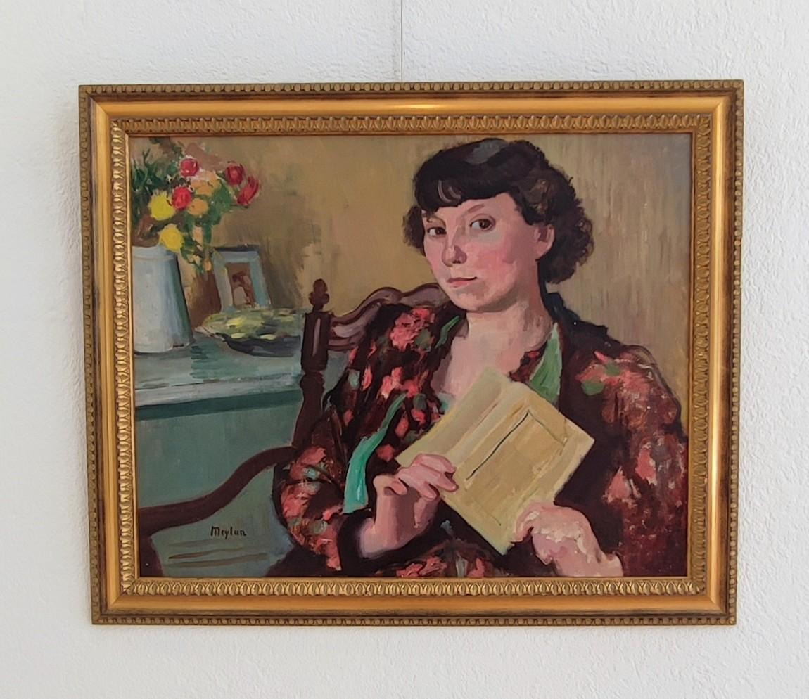 Young woman reading - Painting by Henry Meylan