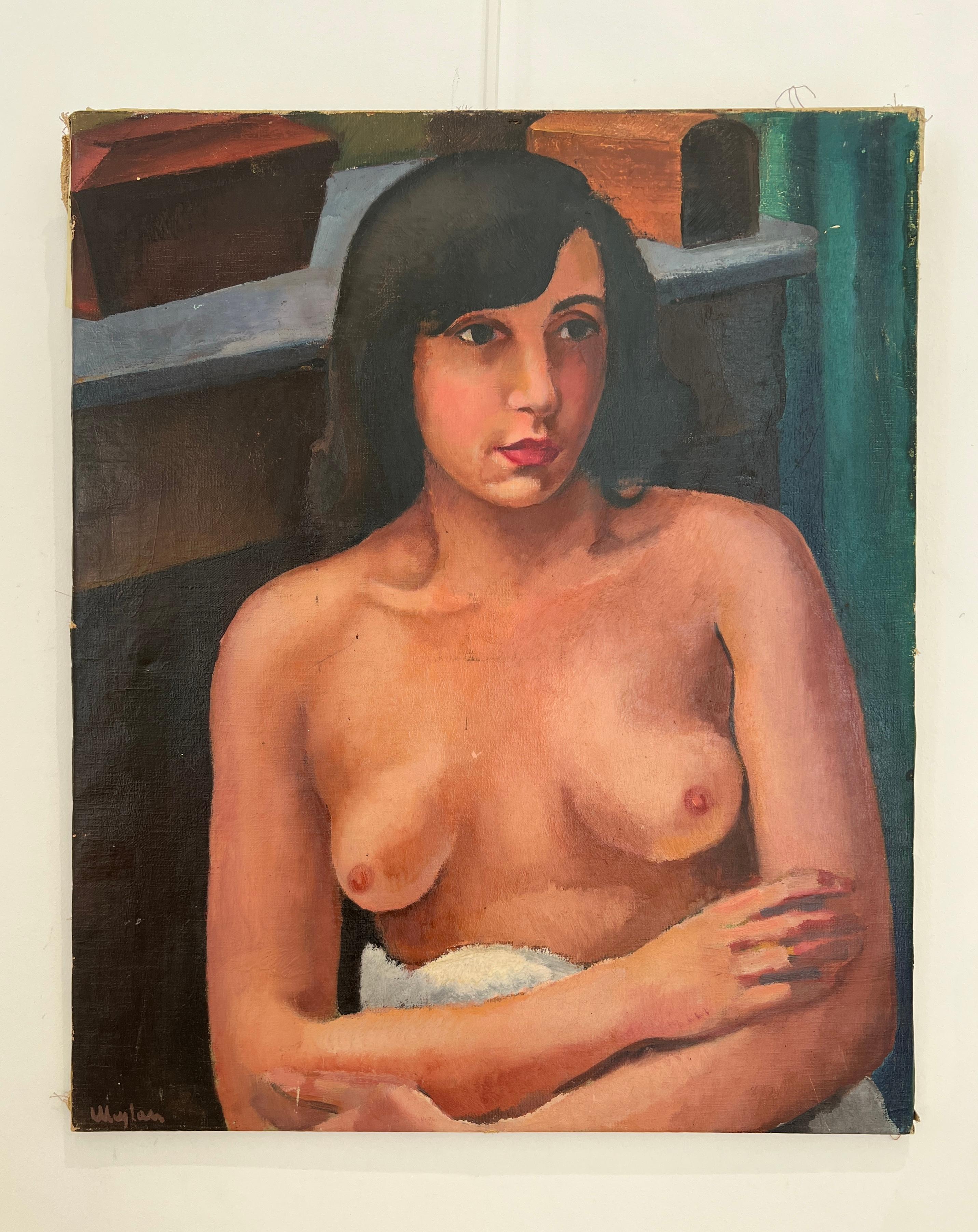 Giovane donna seduta in topless - Painting di Henry Meylan