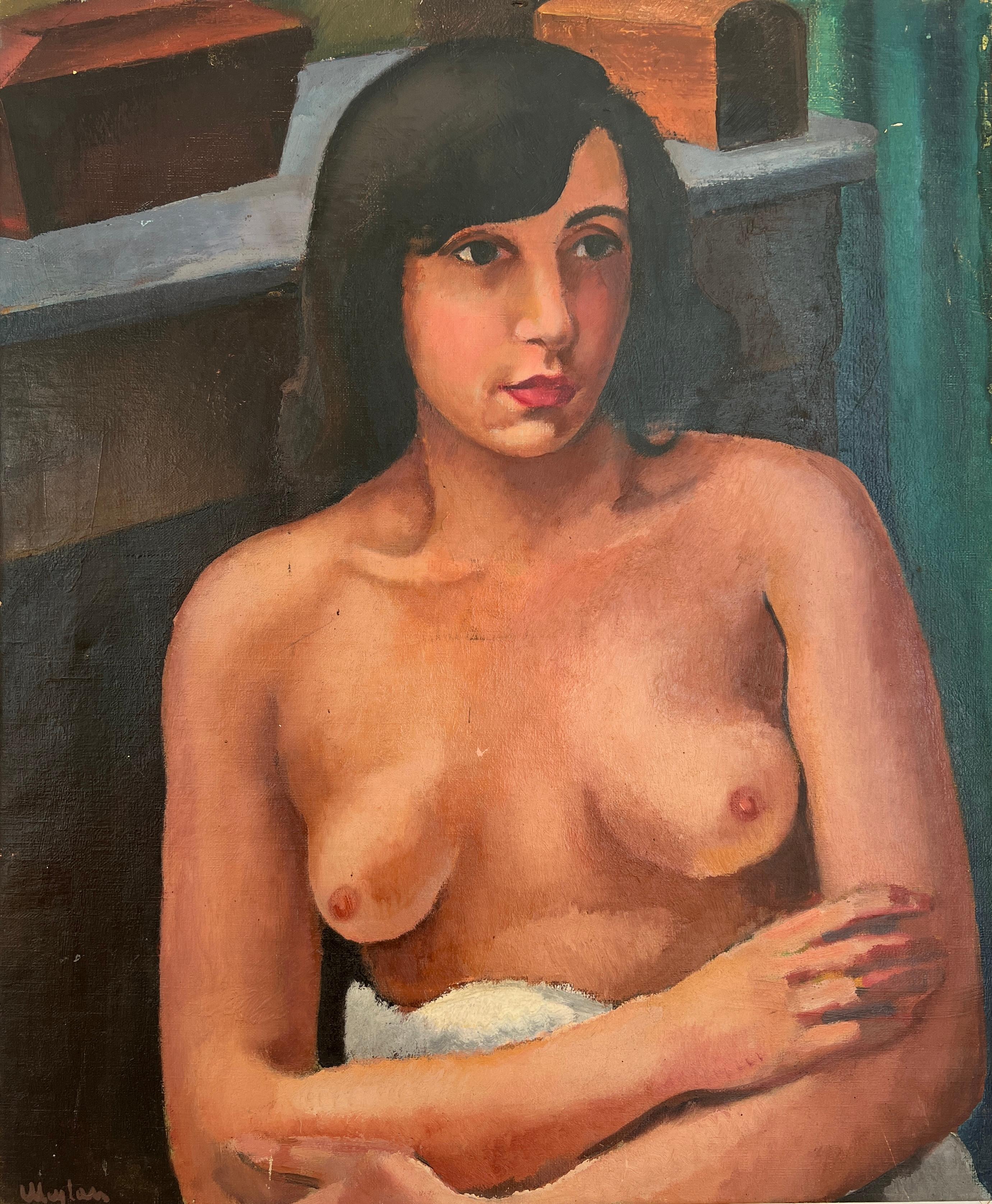 Nude Painting di Henry Meylan - Giovane donna seduta in topless