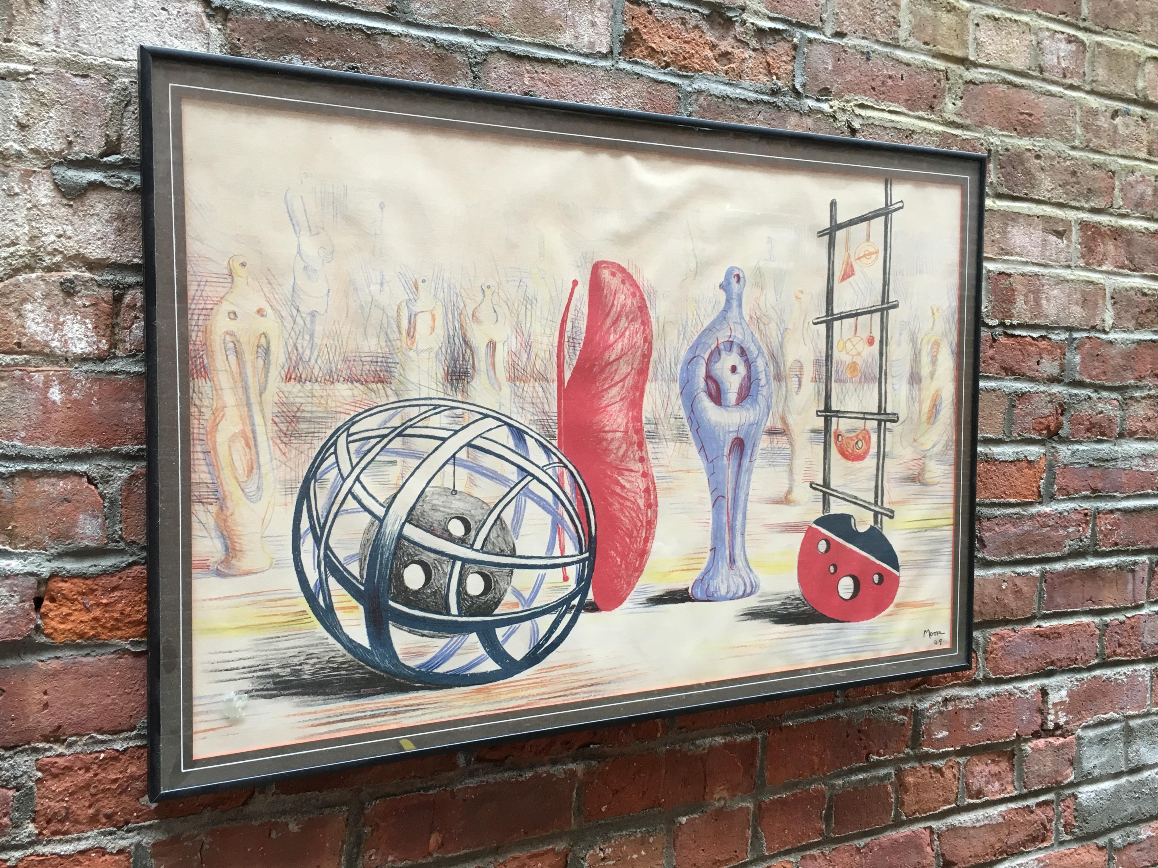 Sculptural objects is one of Moore's earliest graphic renderings. This is signed in the plate and dated, Moore '49. Moore's sculptural objects was originally drawn by the artist direct on to plastic plates and supervised the printing by W.S.