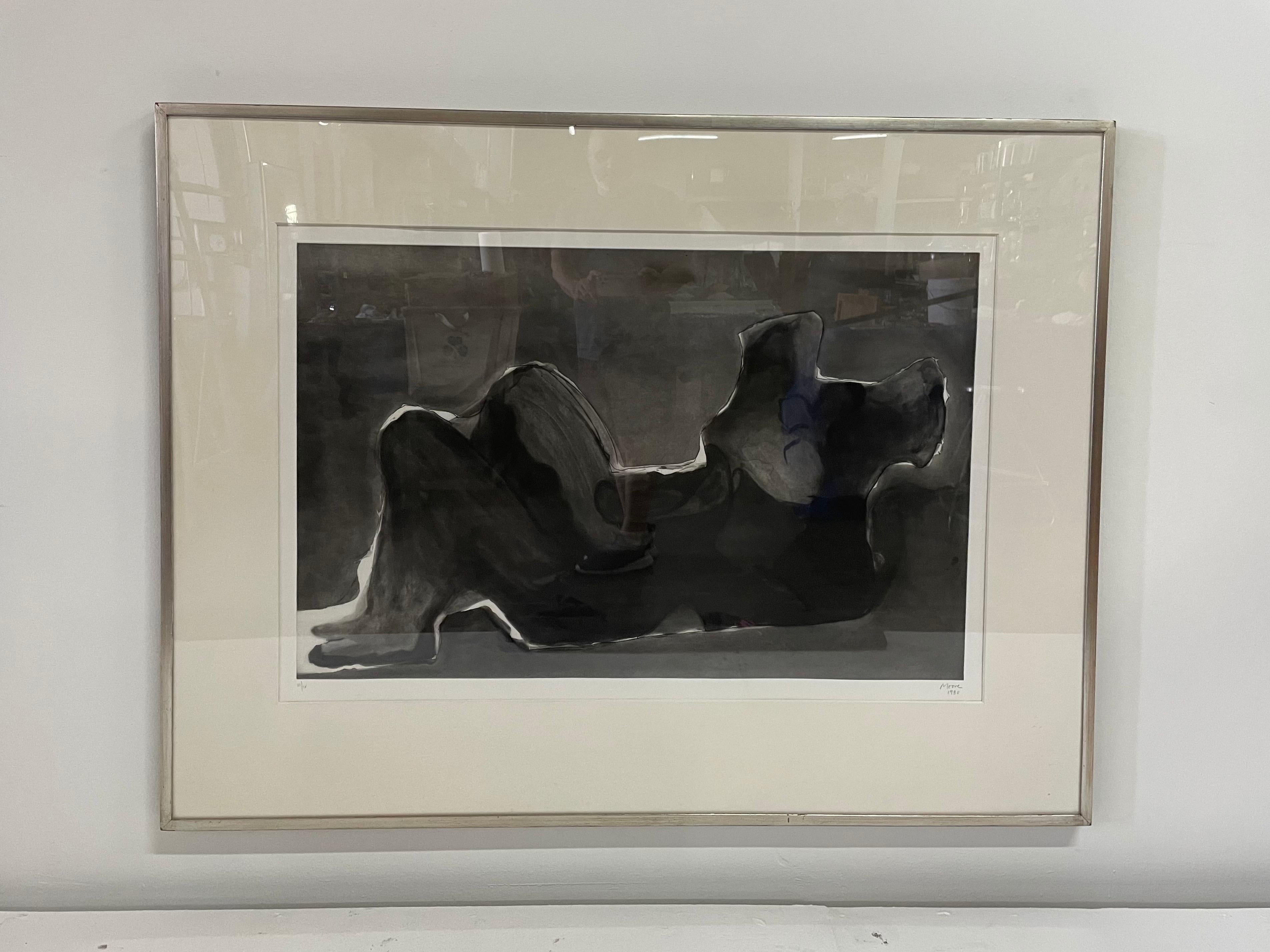 This framed signed and numbered aquatint etching by Henry Moore (1831-1895), framed in a simple silver leaf and acrylic frame. 1979-80 Etching, aquatint and drypoint, on Magnani paper, with full margins. Signed, dated `1980' and numbered III/IV.
