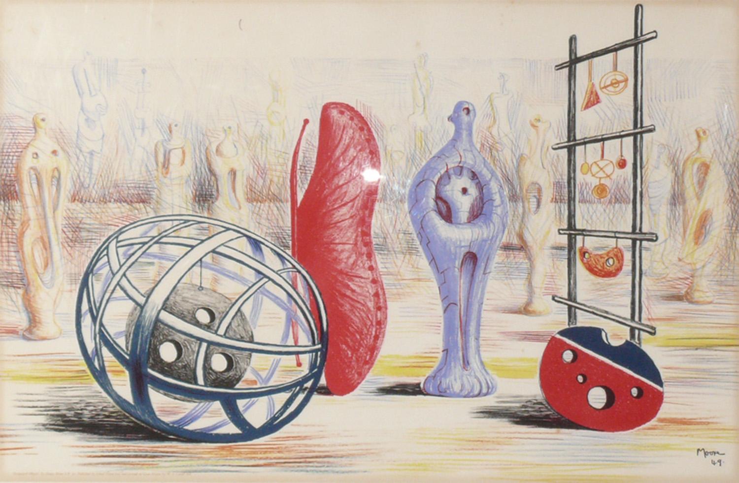 Lithographie d'Henry Moore, intitulée Objets sculpturaux, vers 1949. Récemment encadré professionnellement sous verre résistant aux UV. Signature imprimée, titre et date dans la marge inférieure 'Sculptural Objects by Henry Moore S.P. 30, published