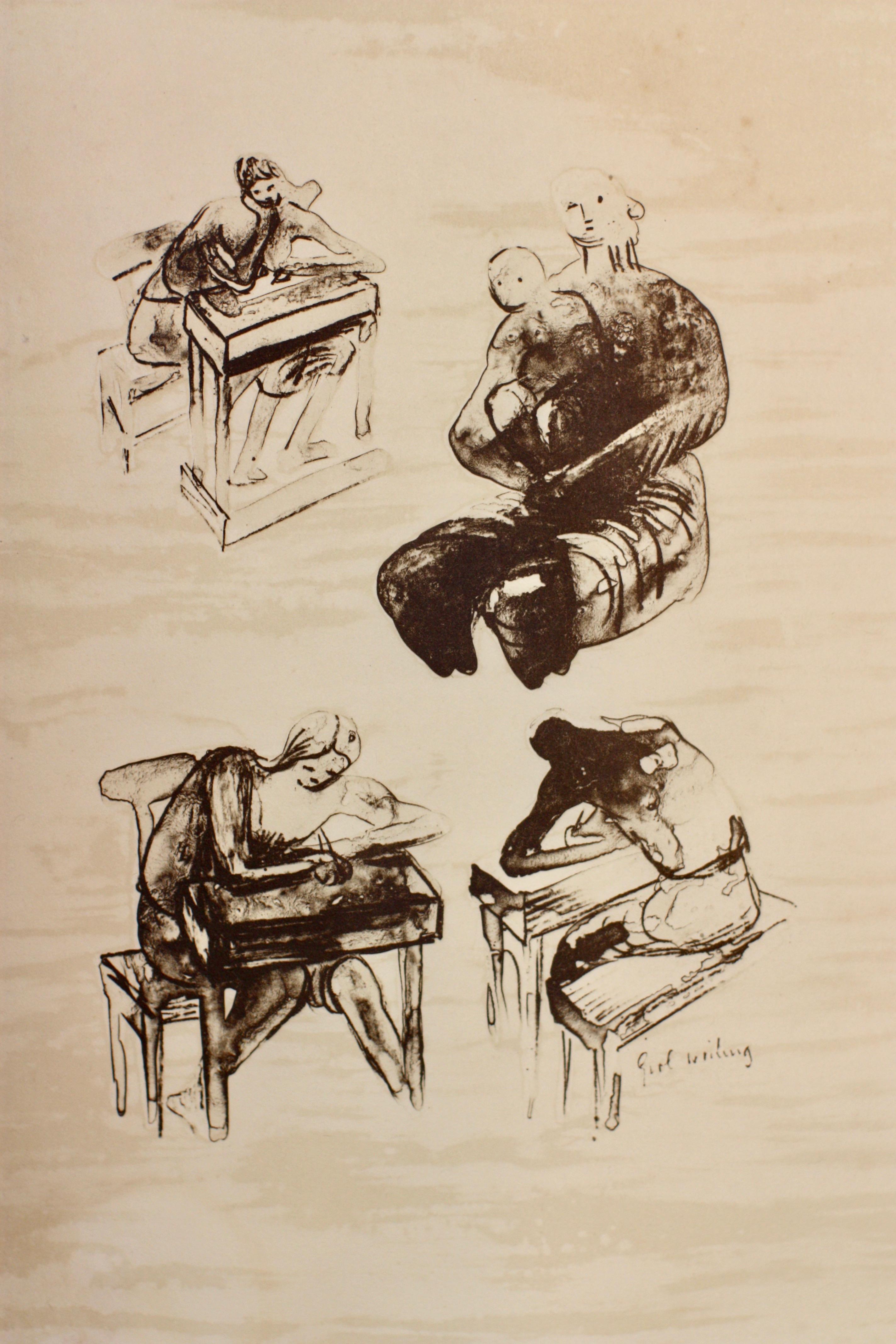 20ième siècle Henry Moore, anglais, 1898-1986, « Huit idées sculpturales, fille écrivant » en vente