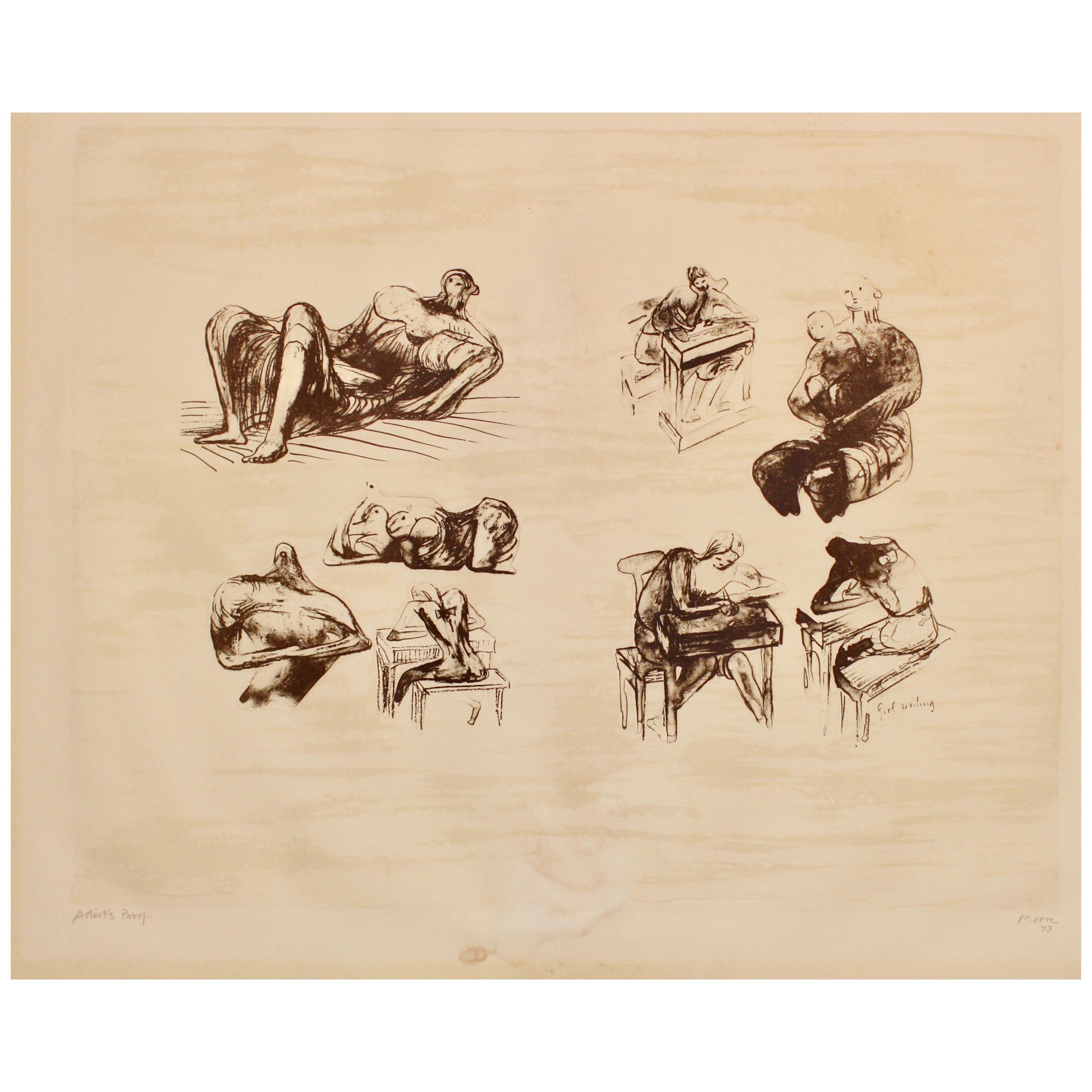 Henry Moore, anglais, 1898-1986, « Huit idées sculpturales, fille écrivant »