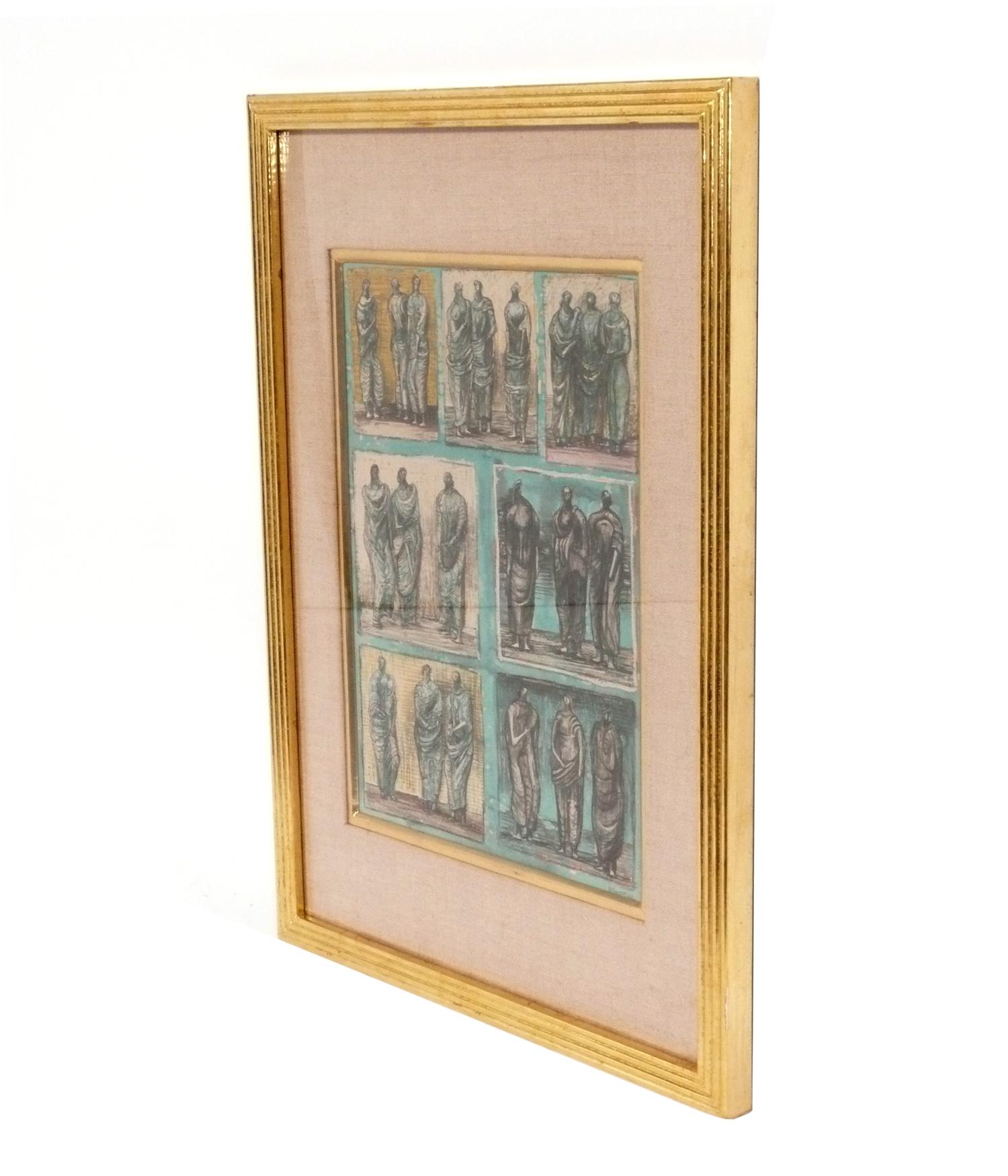 Henry Moore lithograph, entitled Studies of Three Standing Figures, English, circa 1960s. Beautifully framed in a 22 karat gold reeded frame with silk mat and 22 karat gilt fillet.