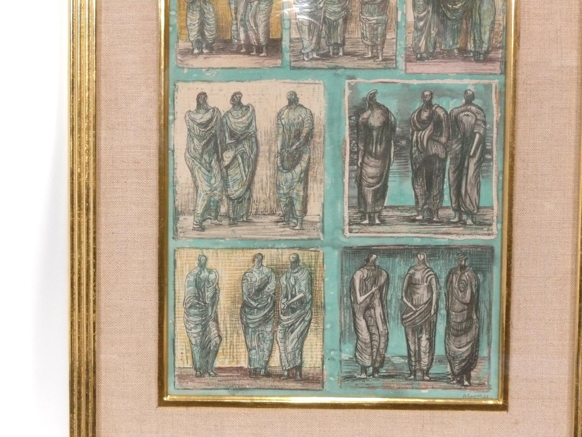 Mid-Century Modern Henry Moore Lithograph Studies of Three Standing Figures in Gilt Frame For Sale