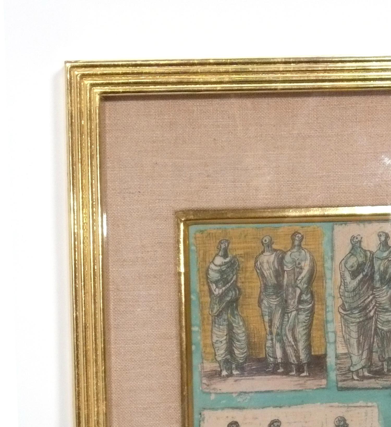 English Henry Moore Lithograph Studies of Three Standing Figures in Gilt Frame For Sale