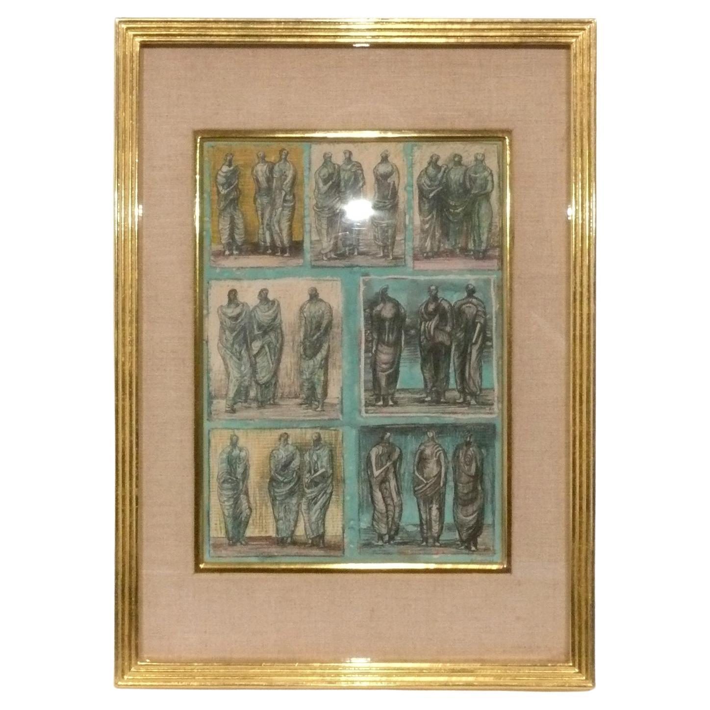 Henry Moore Lithograph Studies of Three Standing Figures in Gilt Frame For Sale