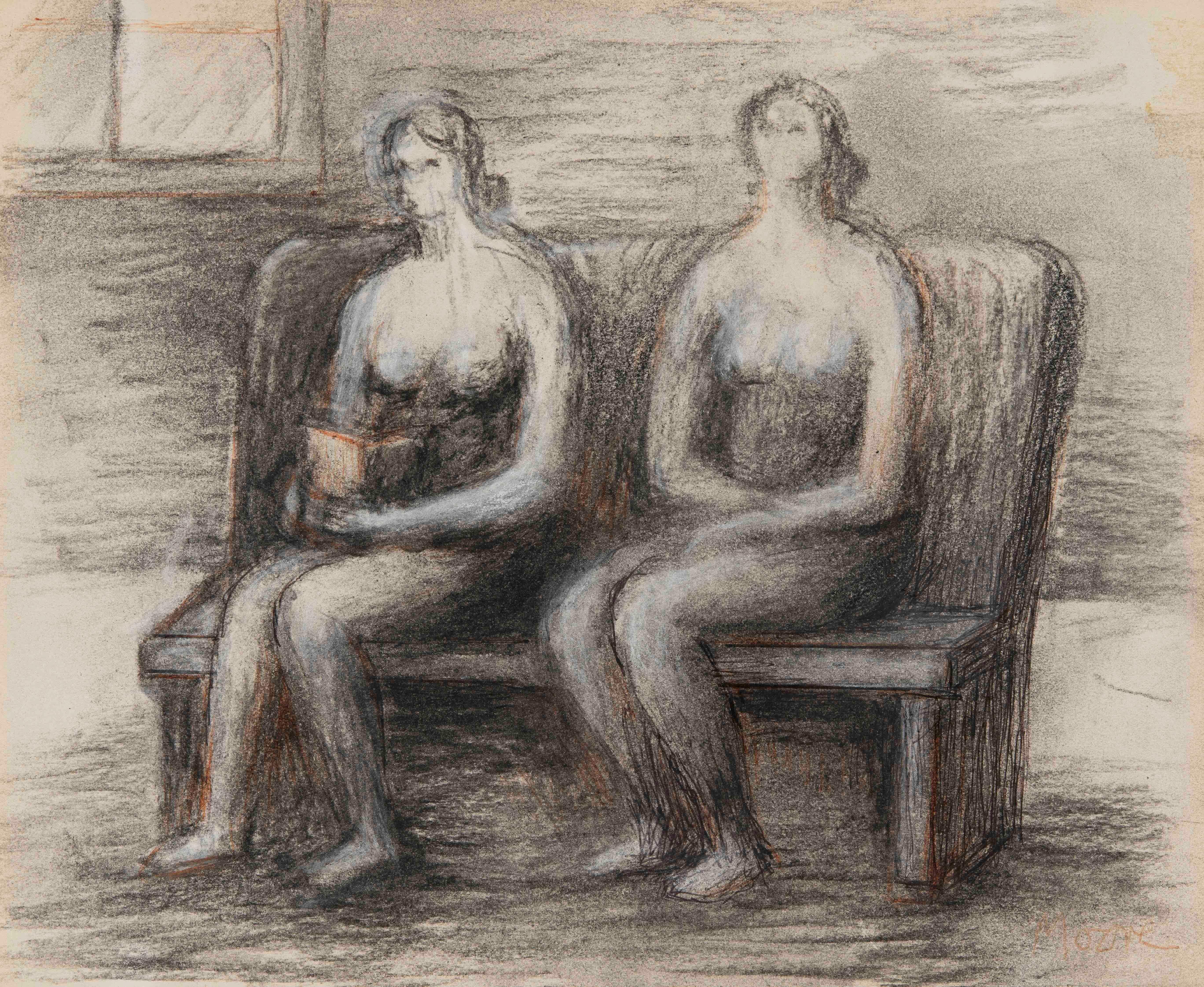 Two seated women in an interior by Henry Moore (1898-1986)
Charcoal, ballpoint pen, pencil and white chalk on paper
17.8 x 21.3 cm (7 x 8 ³/₈ inches)
Signed lower right, Moore
Executed in 1983

Provenance: Raymond Spencer Company, England
Dominion