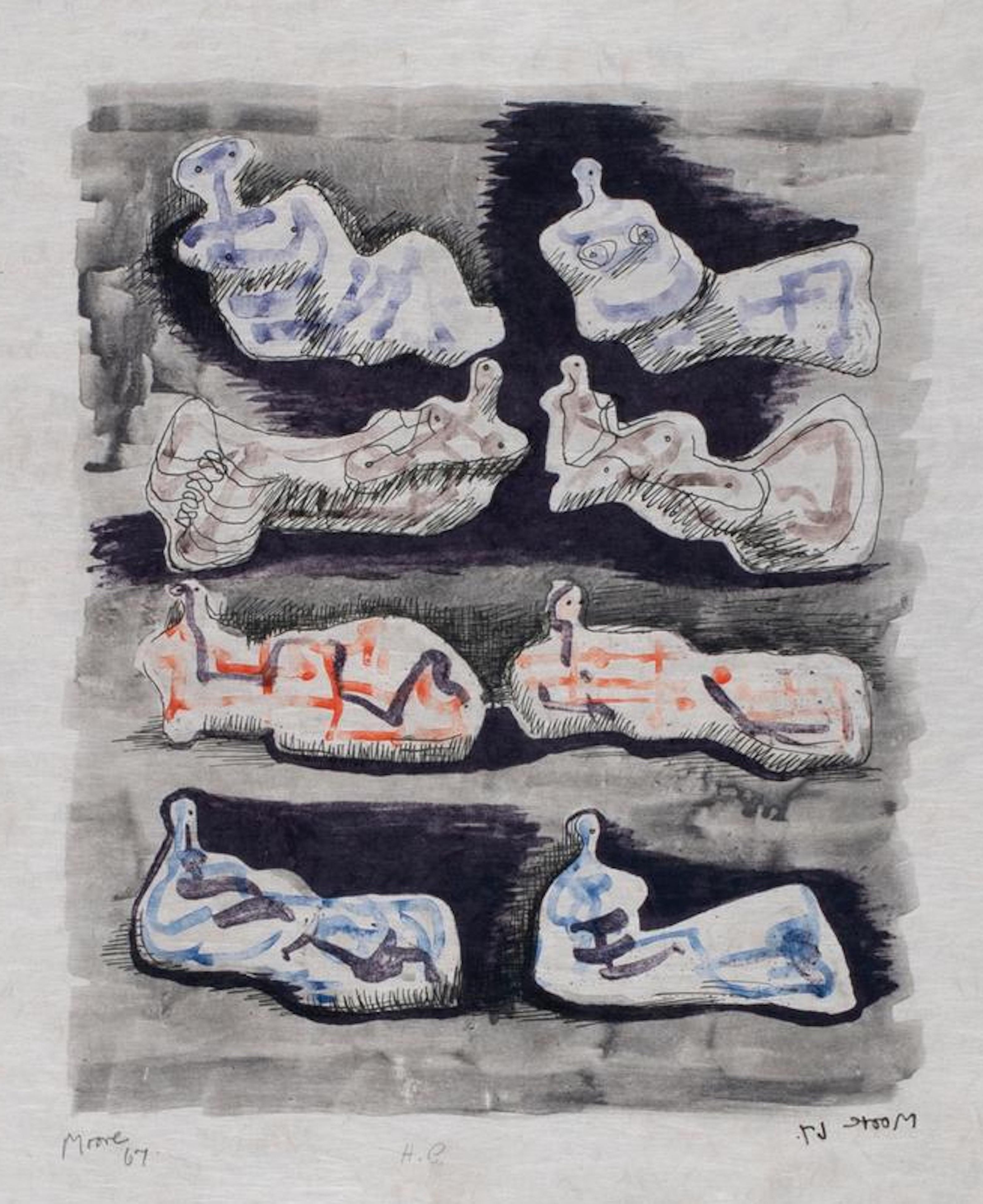 Henry Moore Figurative Print - Eight Reclining Figures I