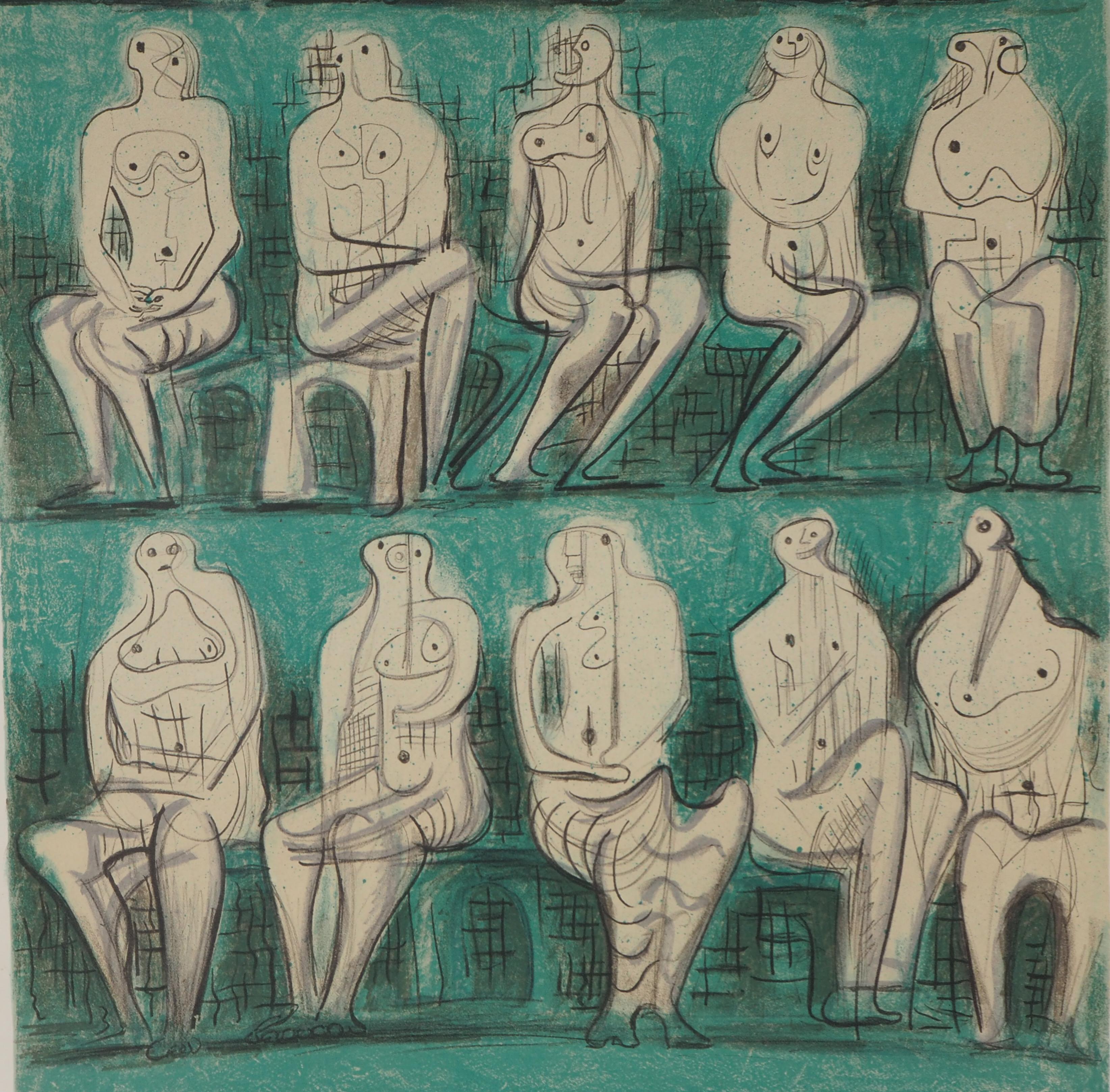 Fifteen Seated Nudes - Original lithograph (Mourlot, Berggruen) - Gray Nude Print by Henry Moore