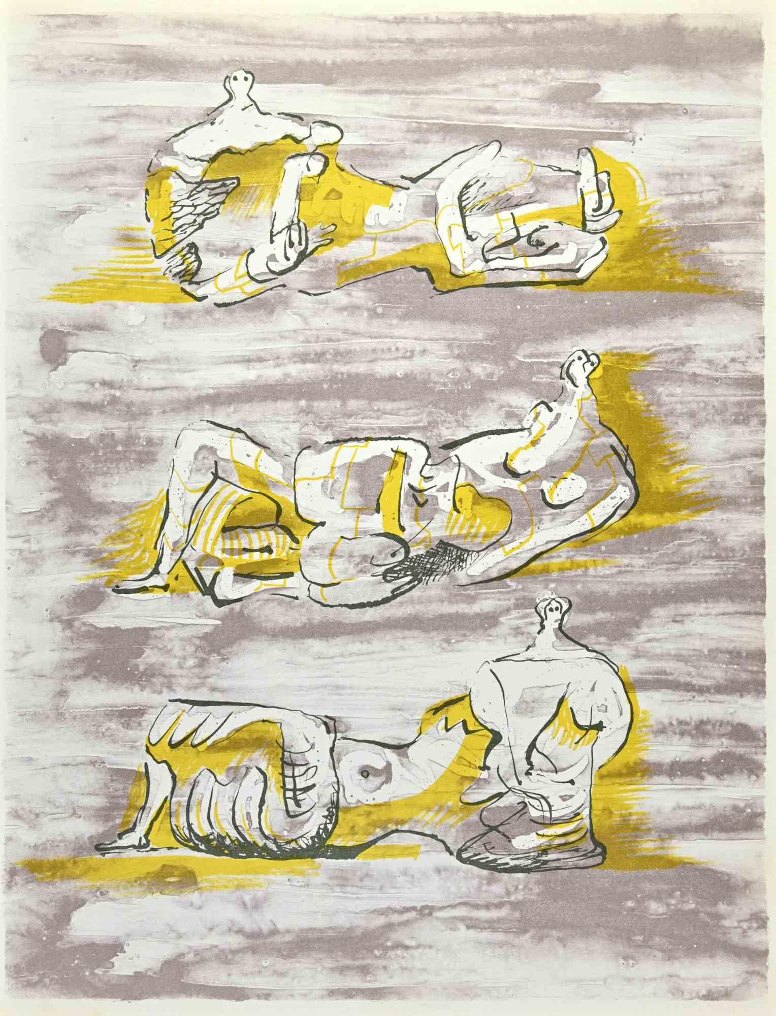 Figures allongées is an print by the British artist  Henry Moore  (Castleford, 1898 - Much Hadham, 1986).

This color lithograph on paper was edited by the French magazine XXe Siécle , and published on the Panorama 71 , number issue  XXXIV , Paris,