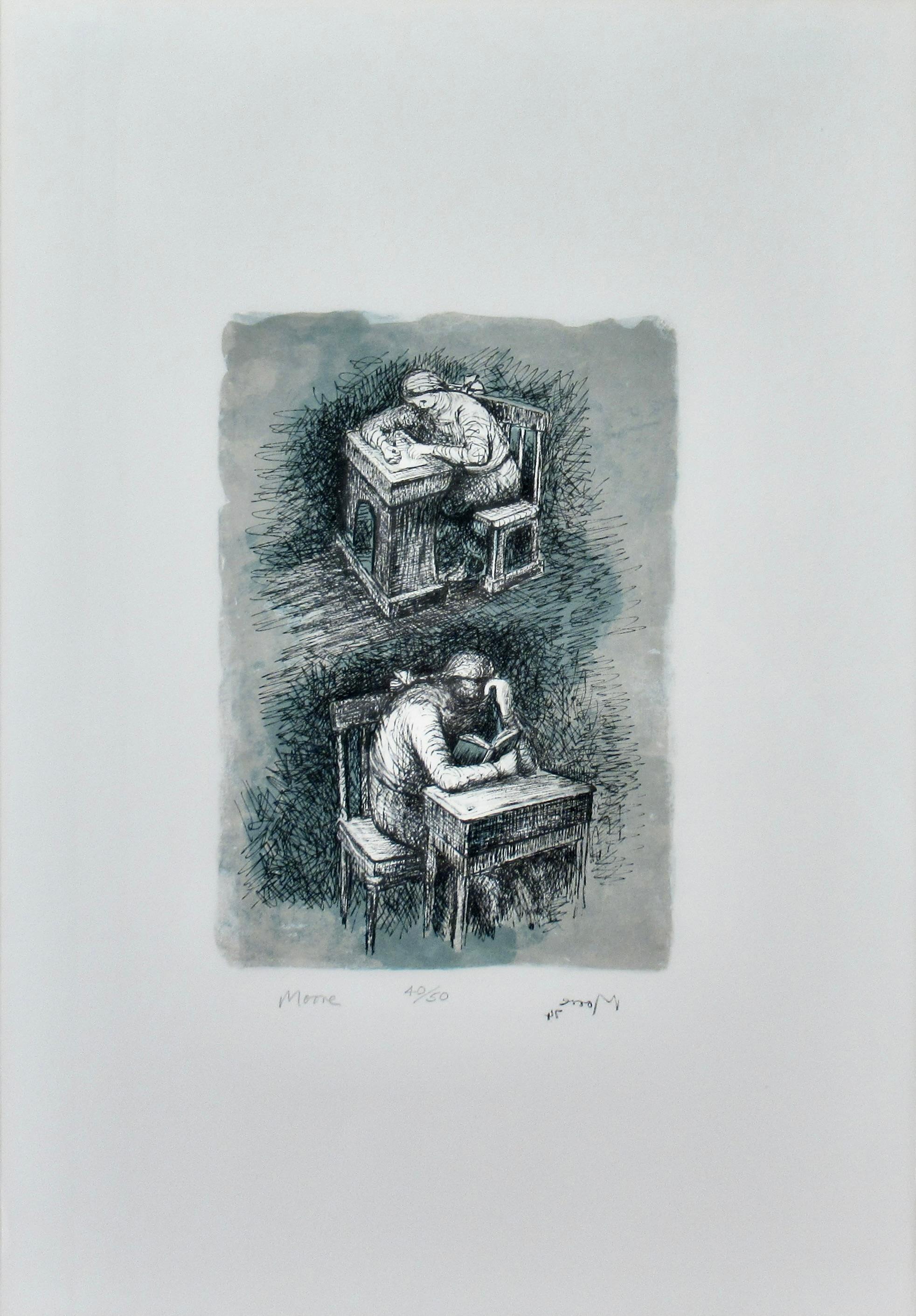 Filles assises à un bureau IX - Print de Henry Moore