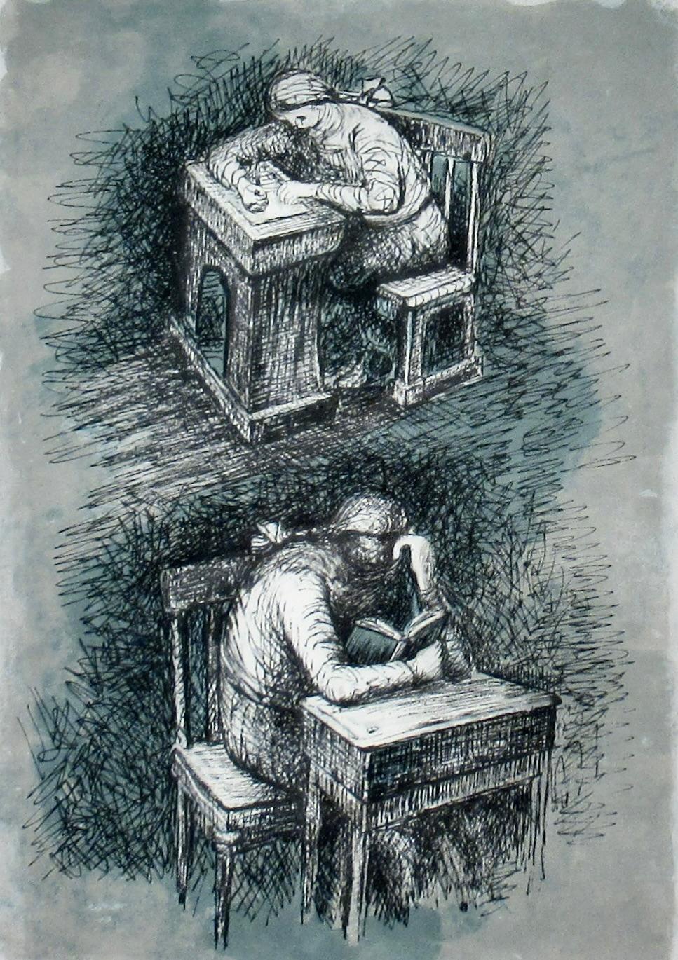 Filles assises à un bureau IX - Moderne Print par Henry Moore