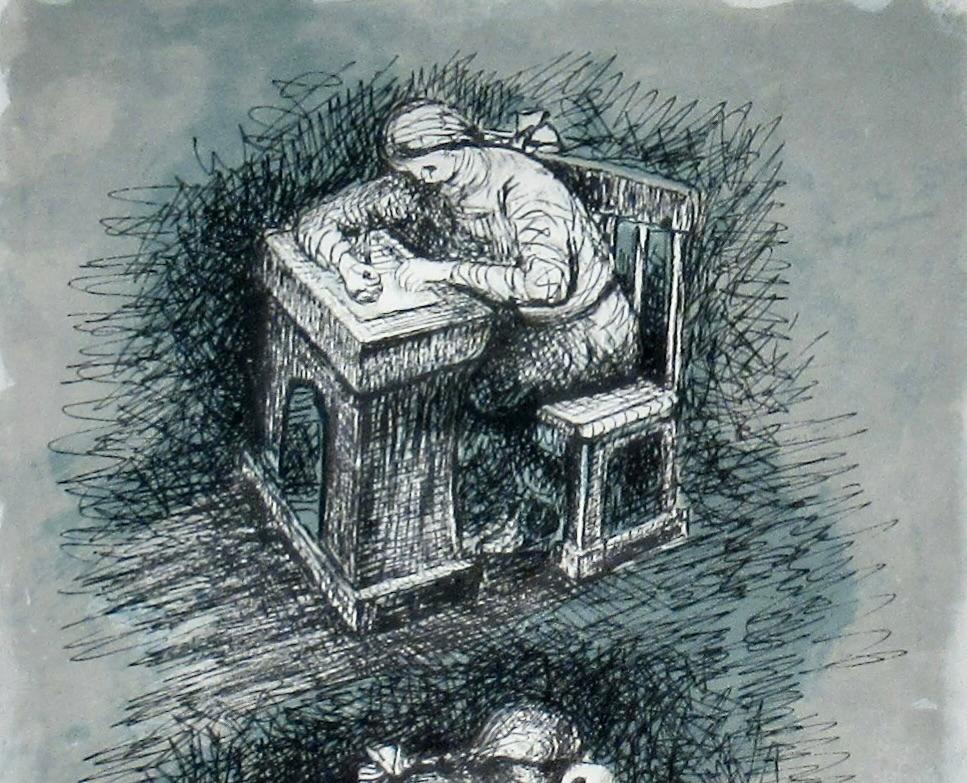 Artiste :	Henry Moore (britannique, 1898-1986)
Titre :	Filles assises à un bureau IX
Année :        1974
Moyen :	Lithographie couleur
Edition :	Numéroté 40/50 au crayon
Papier :	Vélin
Taille du papier :   20.25 x 14.10 pouces
Taille de l'image : 