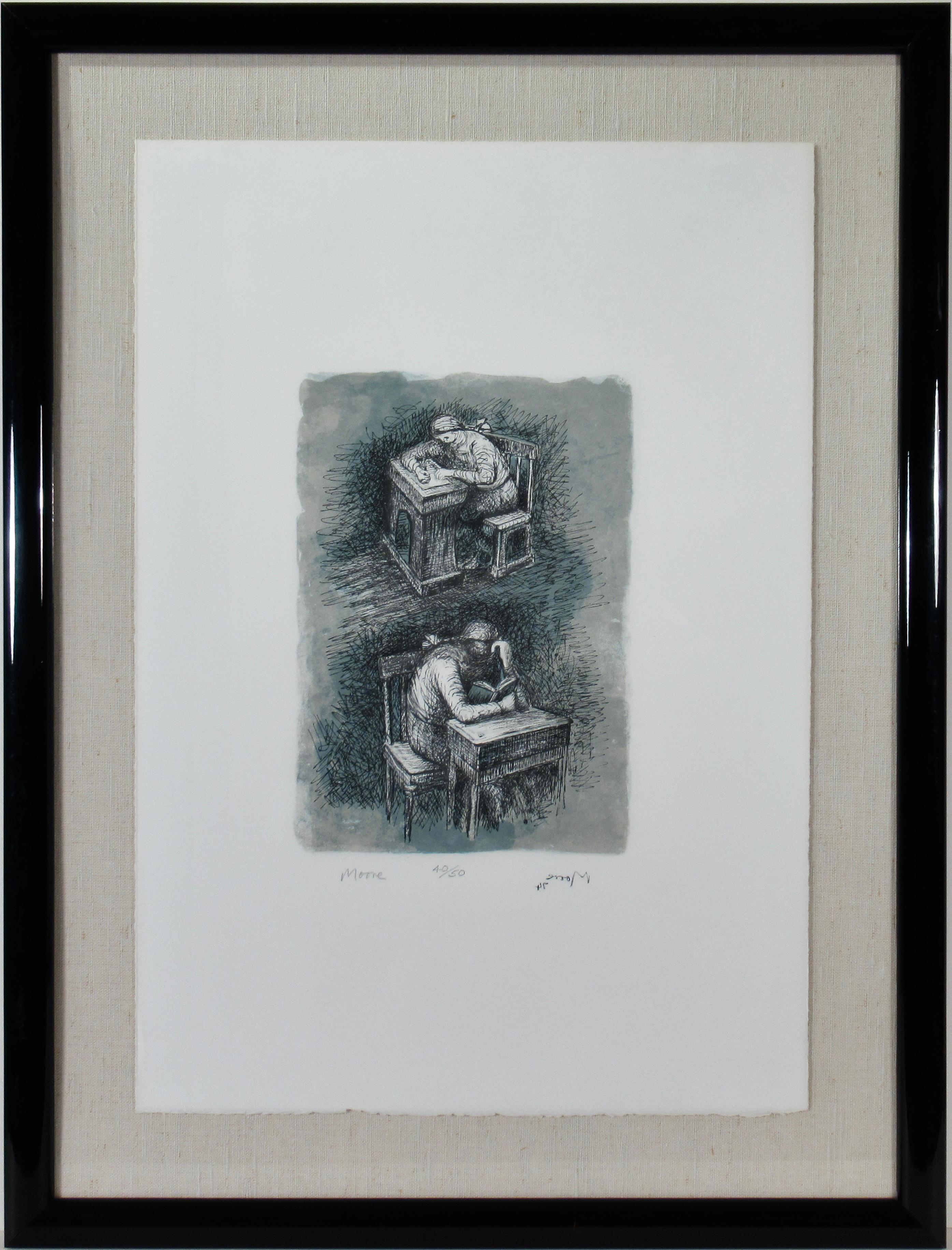 Figurative Print Henry Moore - Filles assises à un bureau IX