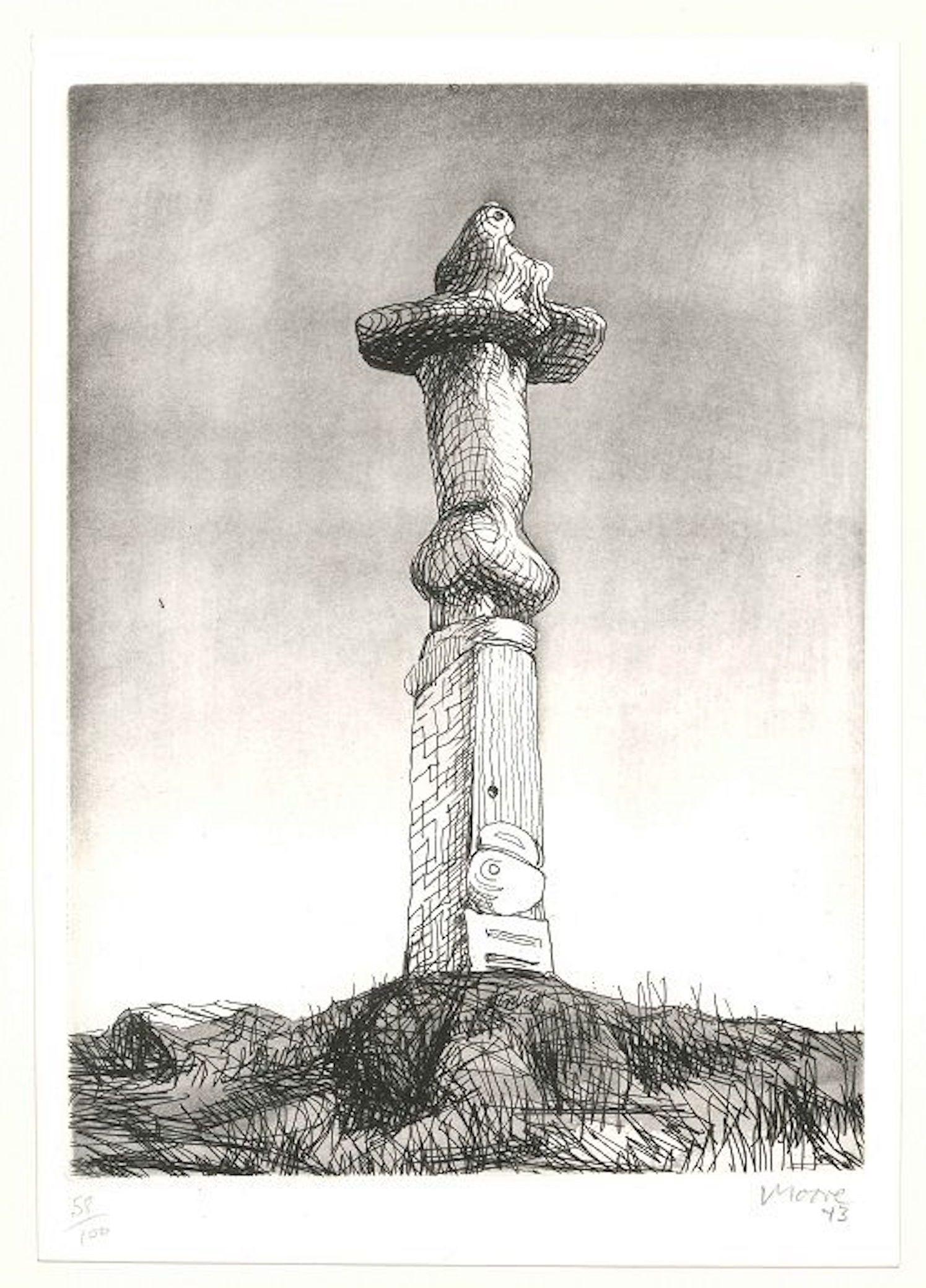 Image dimensions: 22 x 16 cm.

This artwork by Henry Moore is hand signed, numbered and dated. This original aquatint is from an edition of 100 prints. This wonderful etching represents the famous bronze sculpture, Glenkiln Cross. This original