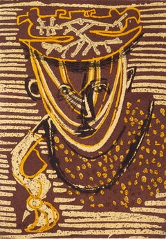 Head, 1947 - Large Screenprint on Cotton, Abstracted Portrait in Yellow + Brown